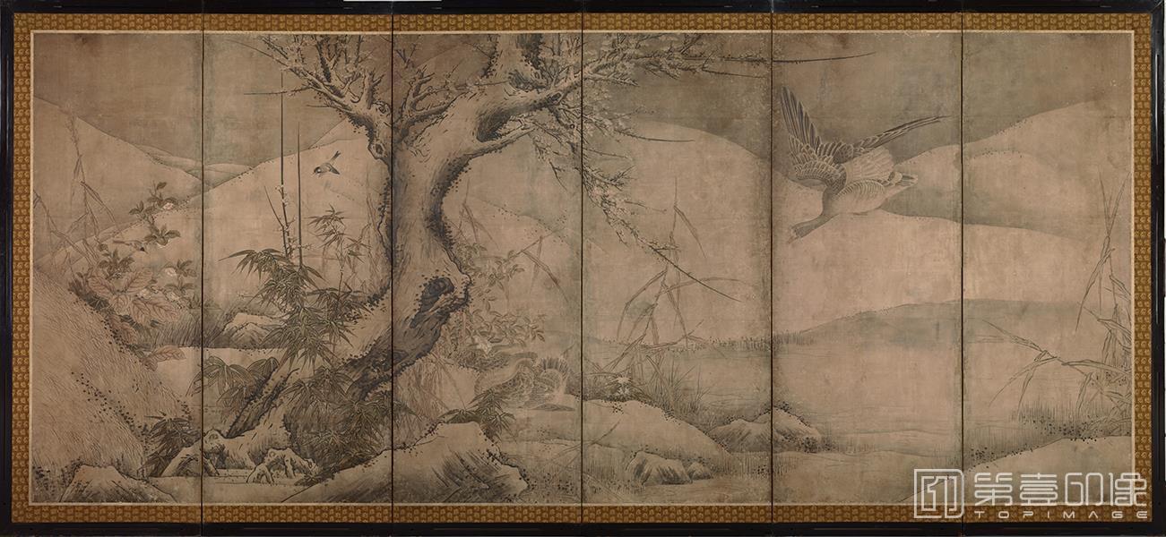 水彩画-日本室町时代-雪舟-四季花鸟图屏风纸本 (东京)-151×351cm-01