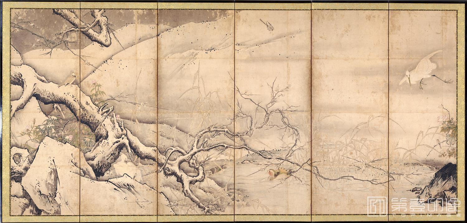 水彩画-日本室町时代-雪舟-四季花鸟图屏风 (京都)-第一屏-02