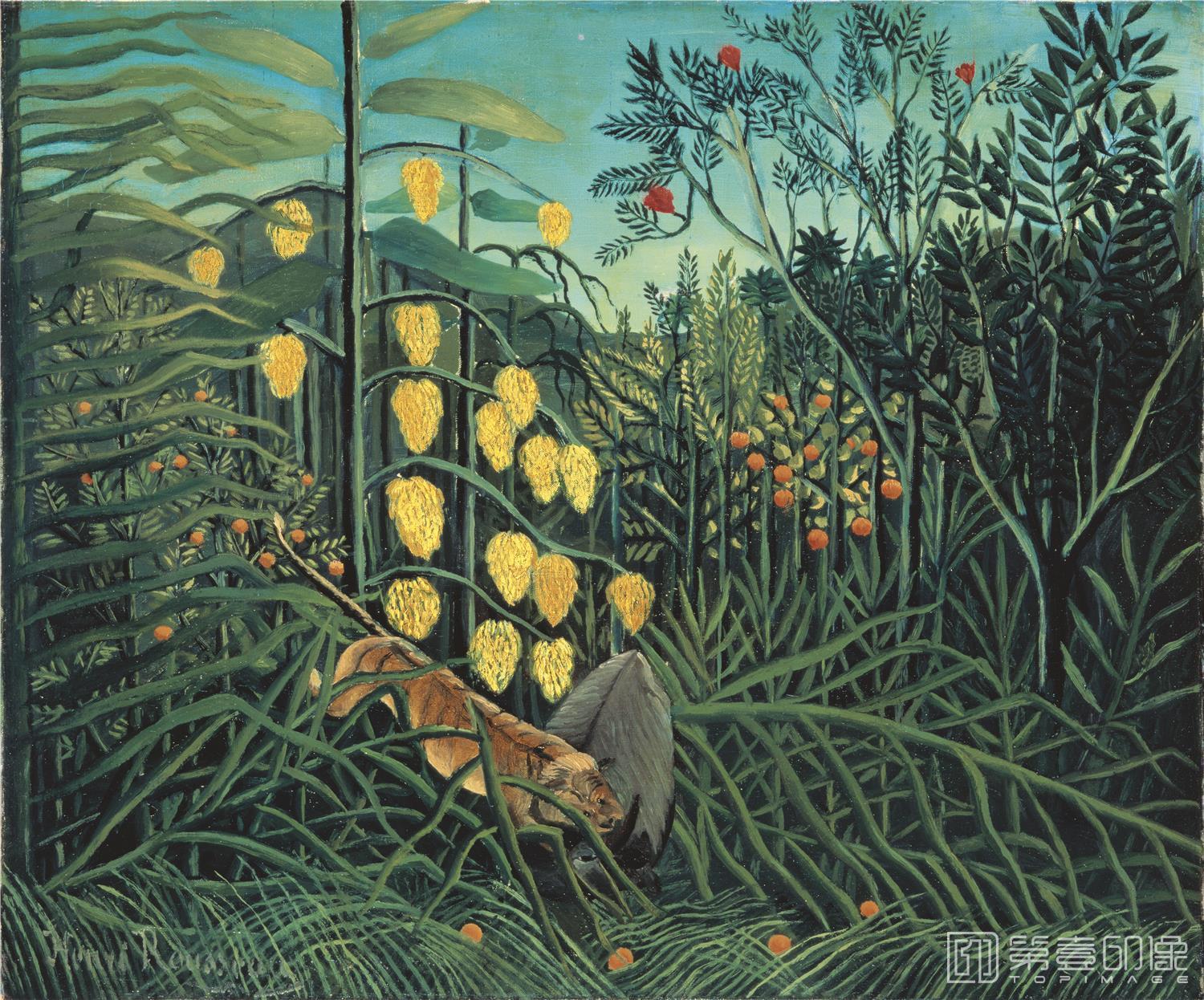 油画-油画-法国-亨利·朱利安·费利克斯·卢梭-被老虎攻击的水牛-84x70cm