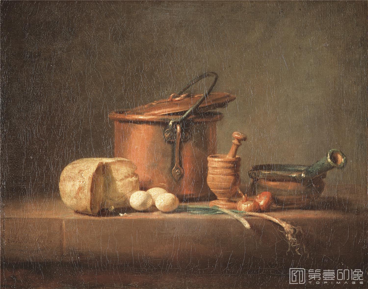 油画-油画-法国-夏尔丹-静物-铜壶 奶酪和鸡蛋-41x32cm