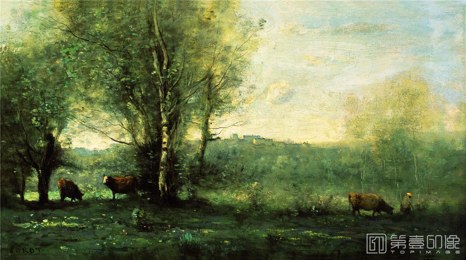 油画-油画-法国-让·巴蒂斯特·卡米耶·柯罗-池塘边的三头牛-45x25cm