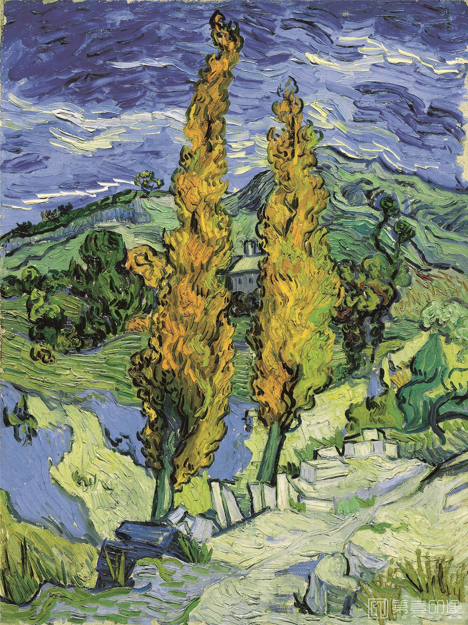 油画-油画-荷兰-文森特·威廉·梵高-圣雷米的白杨-38x51cm