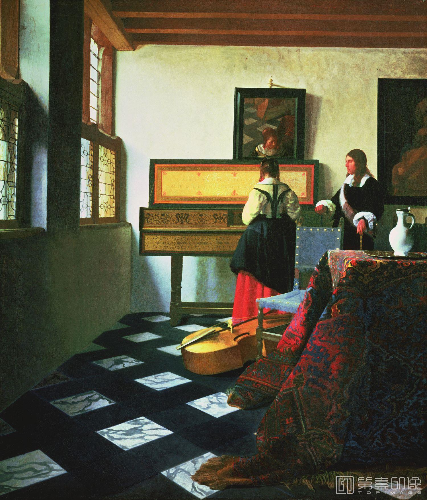 油画-油画-荷兰-约翰内斯·维米尔-演奏乐器的女士 (1662-1665年)-33x38cm