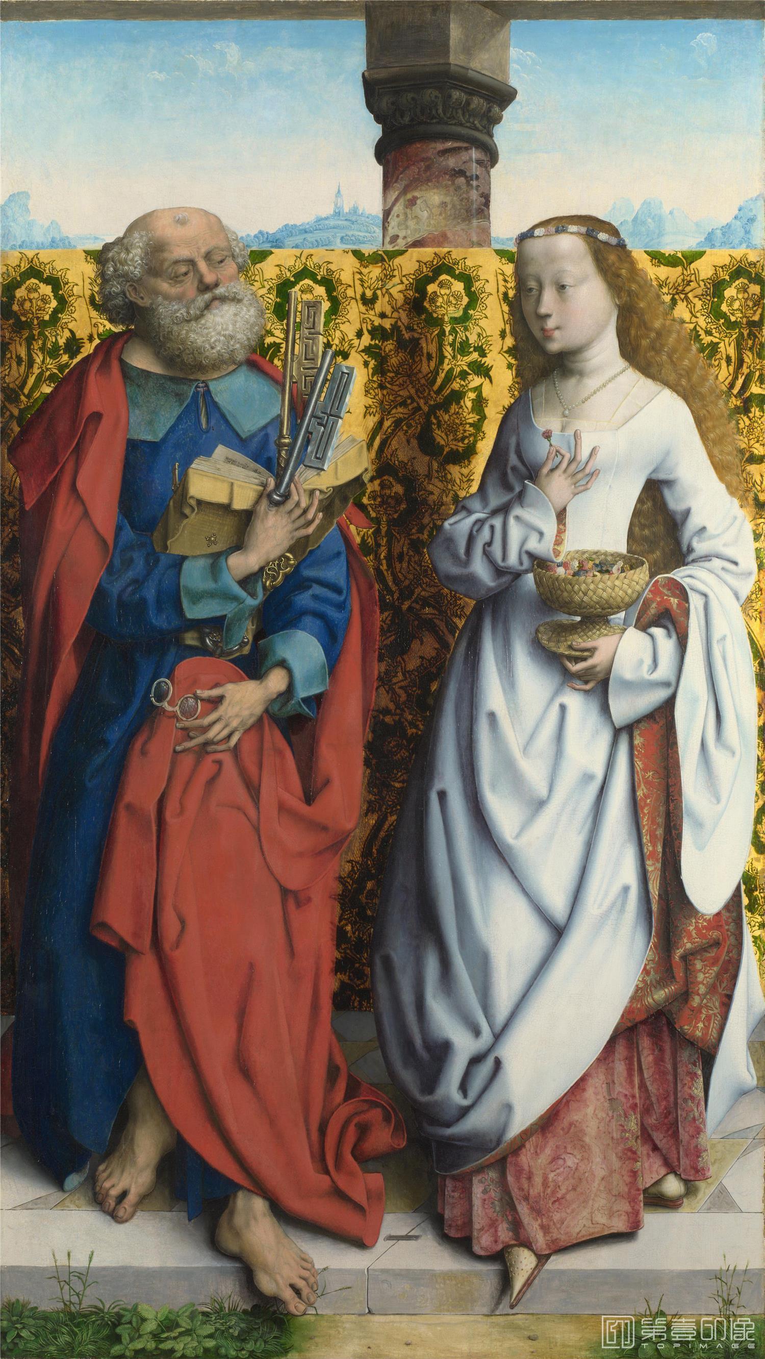 油画-Saints Peter and Dorothy圣徒彼得和多萝西1505-10, Master of the Saint Bartholomew Altarpiece