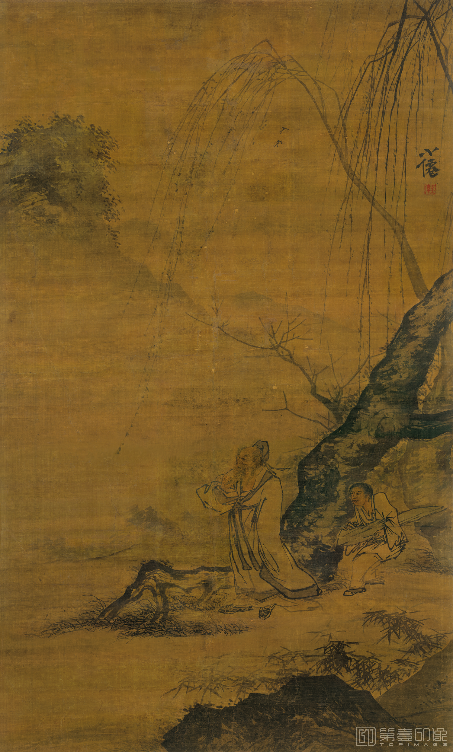 国画-柳岸闲步图
