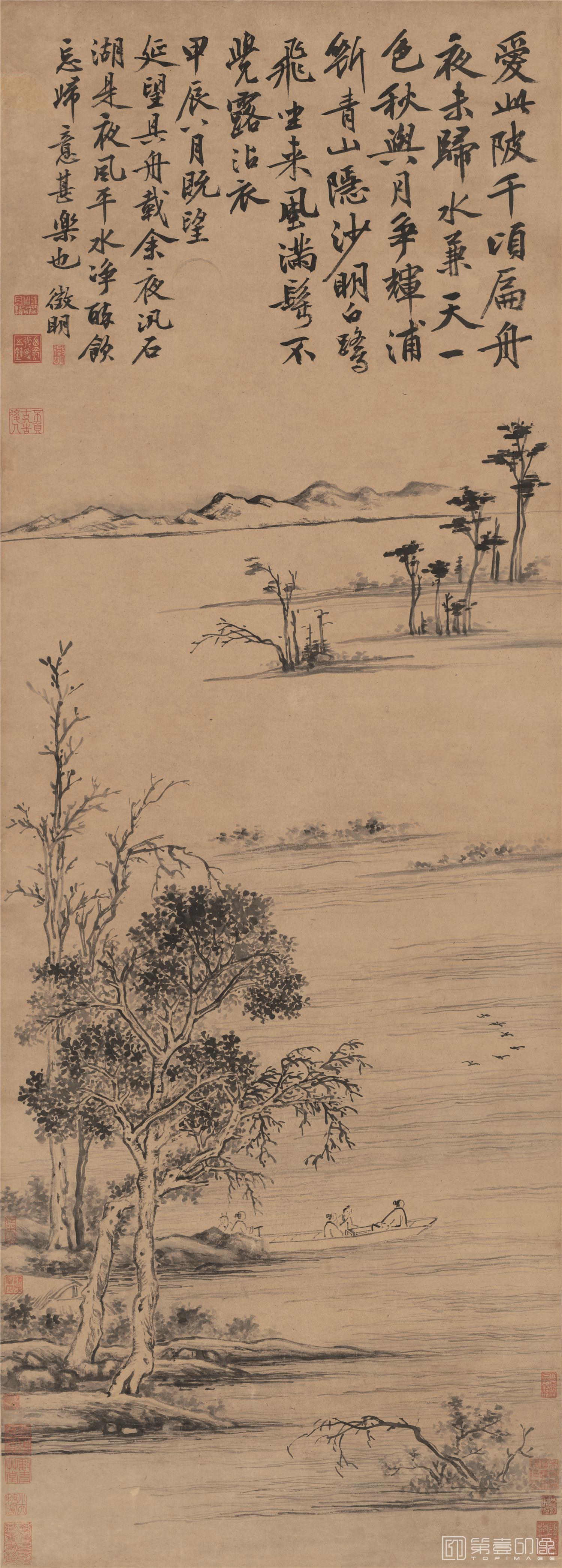 国画-石湖泛月图-54X150.8cm