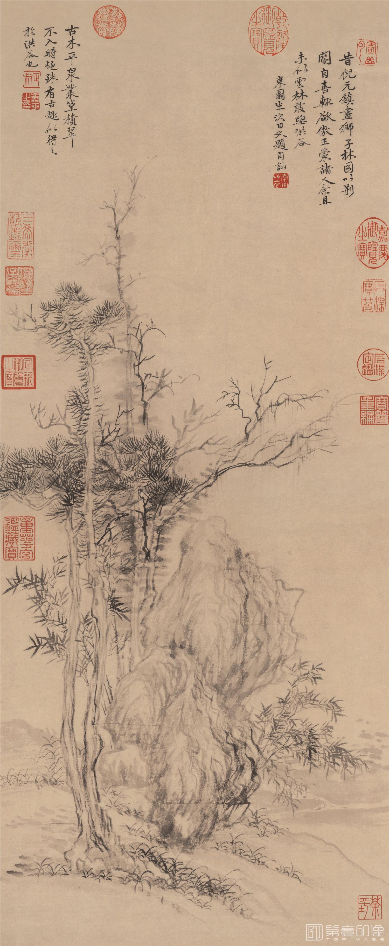 国画-仿倪瓒古木丛篁图-32.5X78.8cm