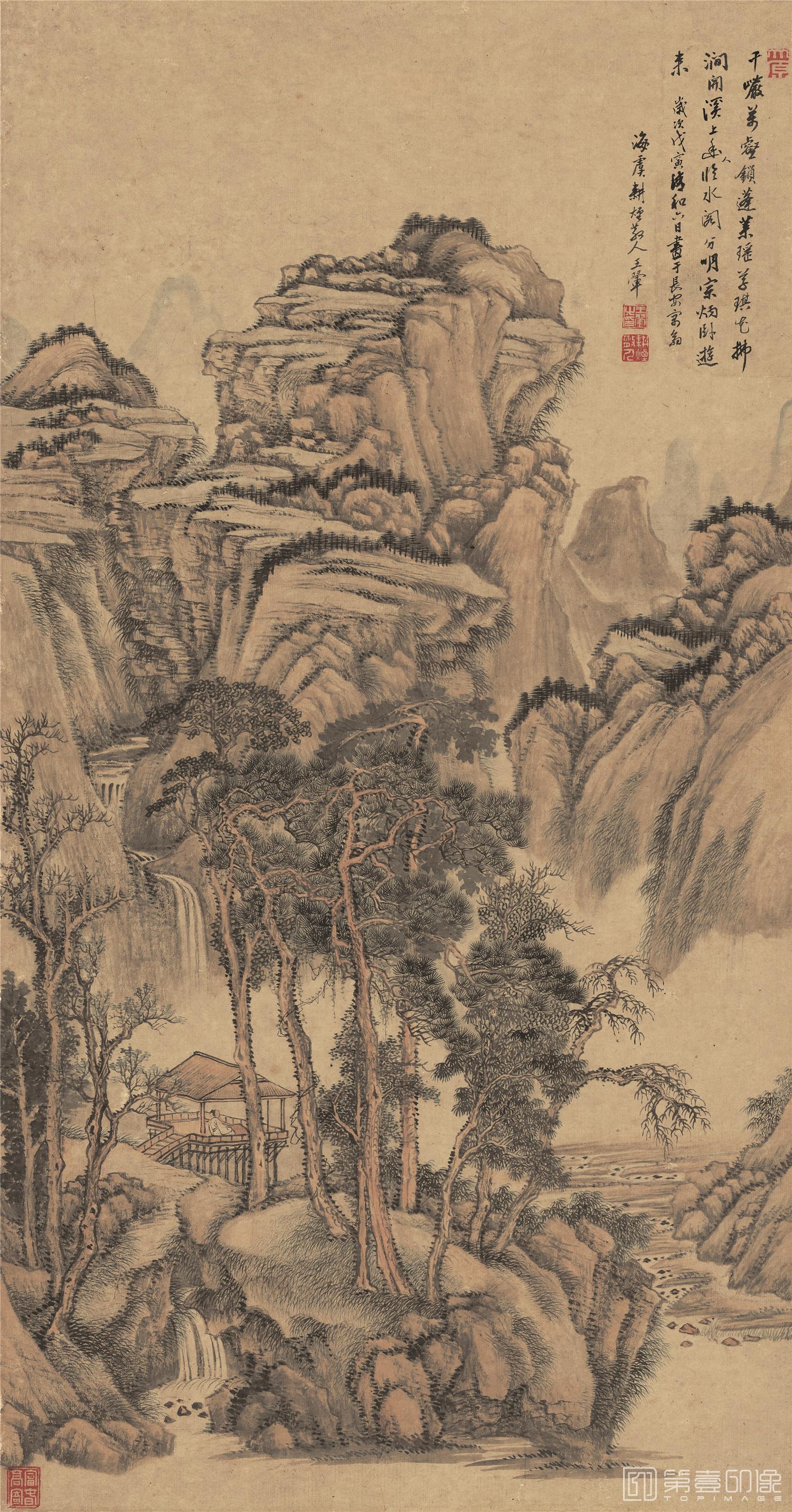 国画-水阁幽人图-28.8x55cm