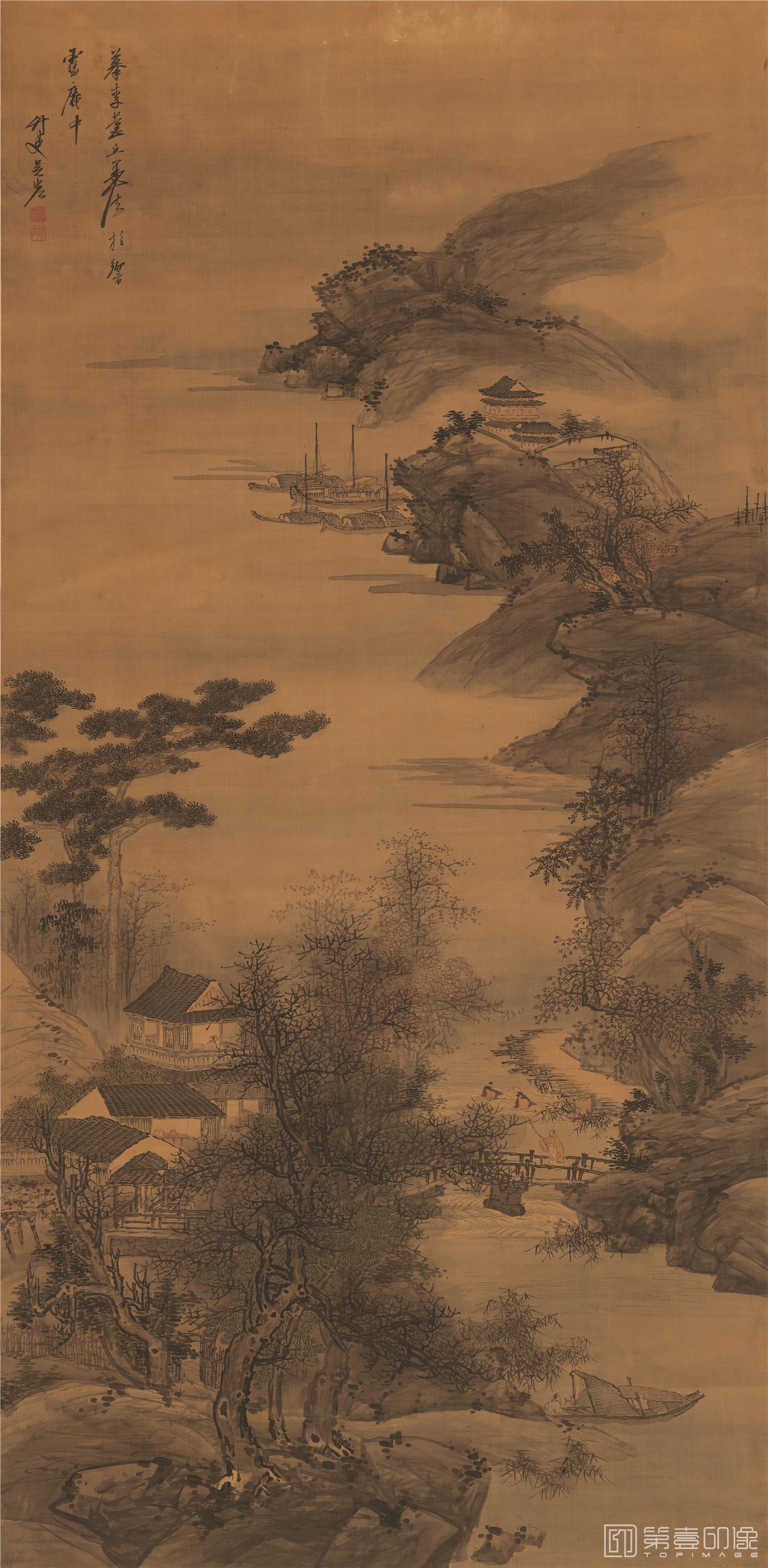 国画-江楼访友-78.6X160.6cm
