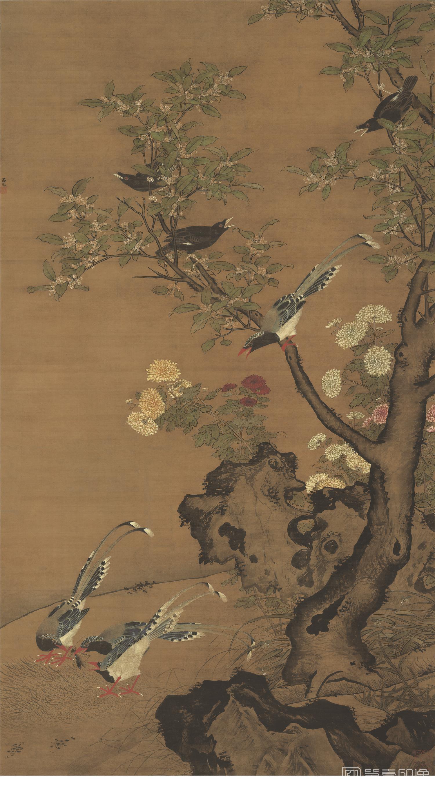 国画-桂菊山禽图-55X100cm