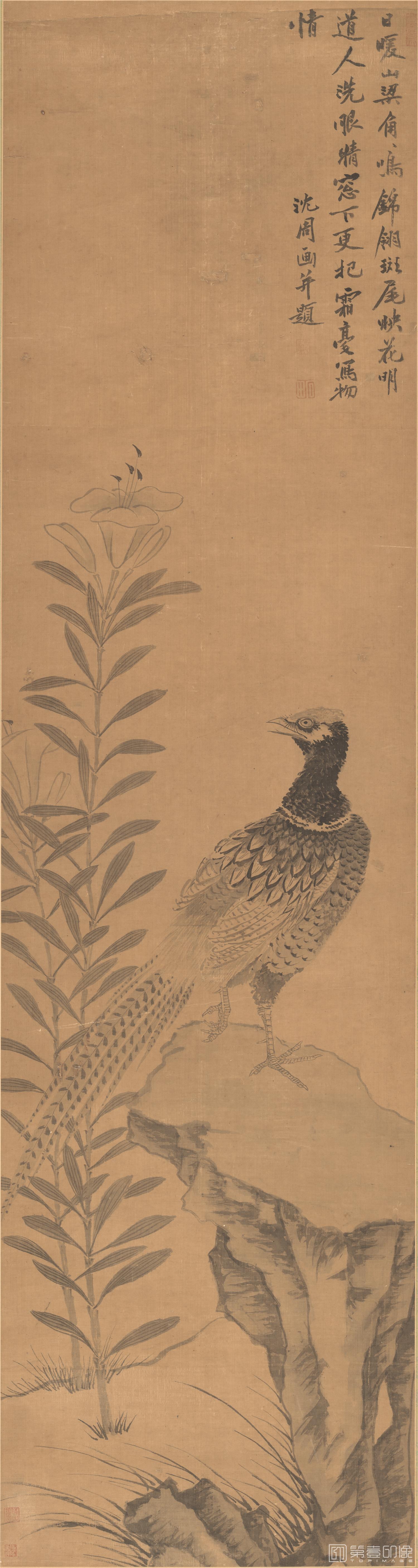 国画-百合文雉图-49X184cm