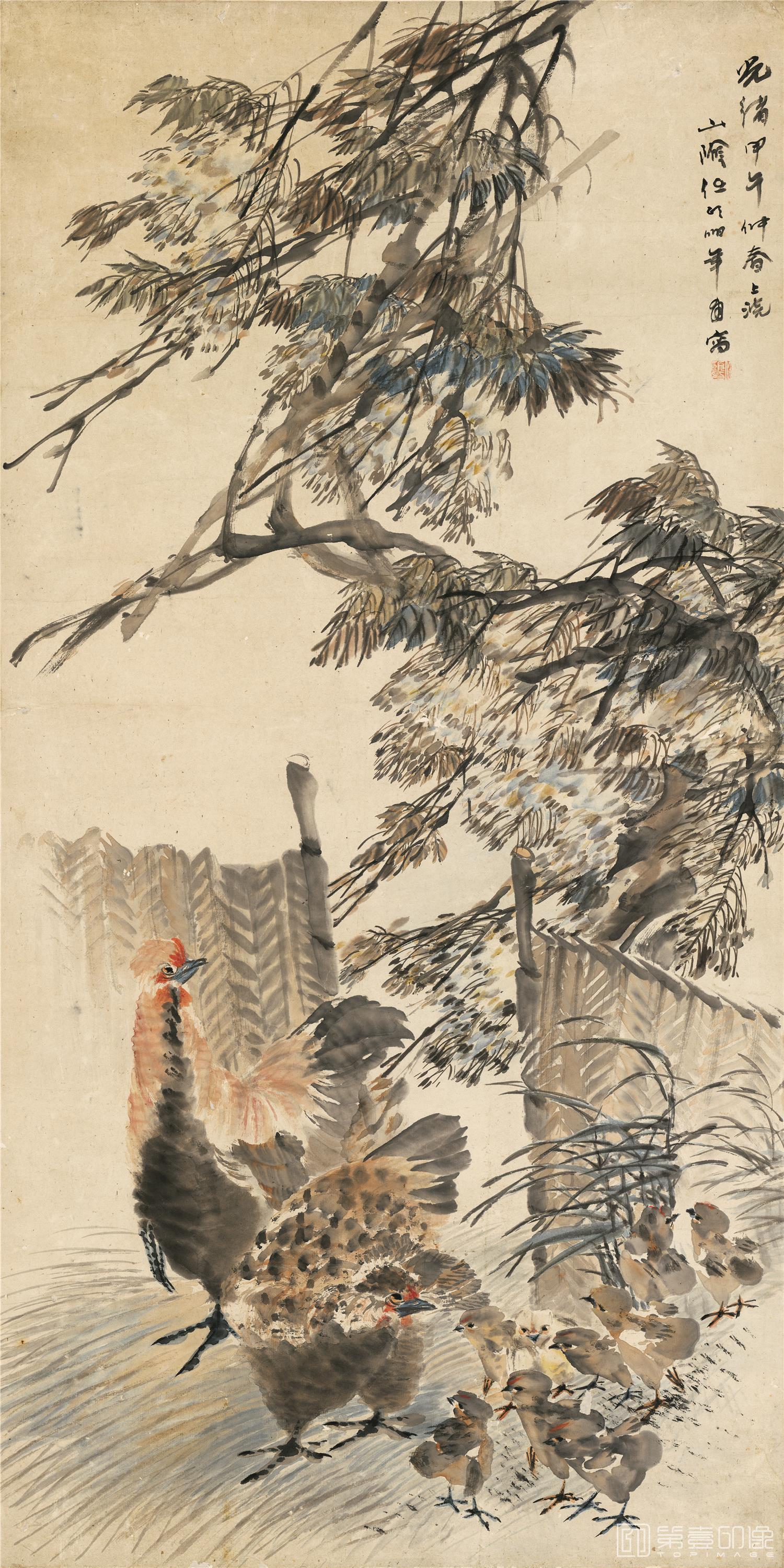 国画-群鸡紫绶图-40x150cm