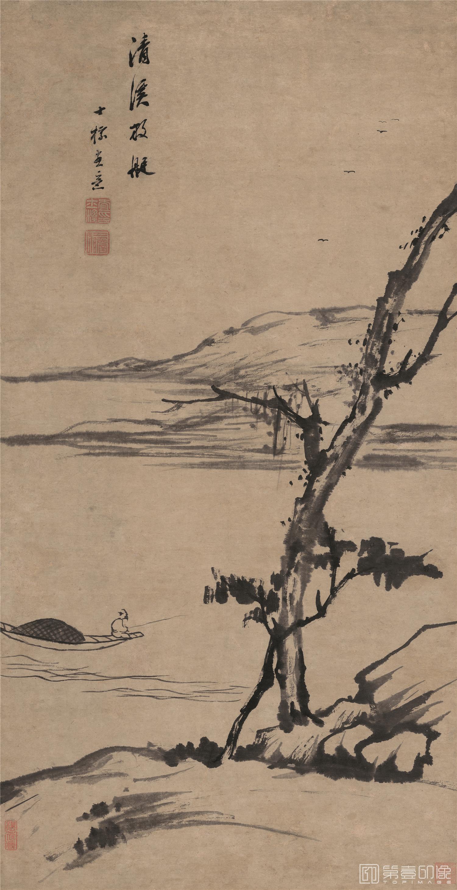国画-清溪放艇图-45.8X89cm