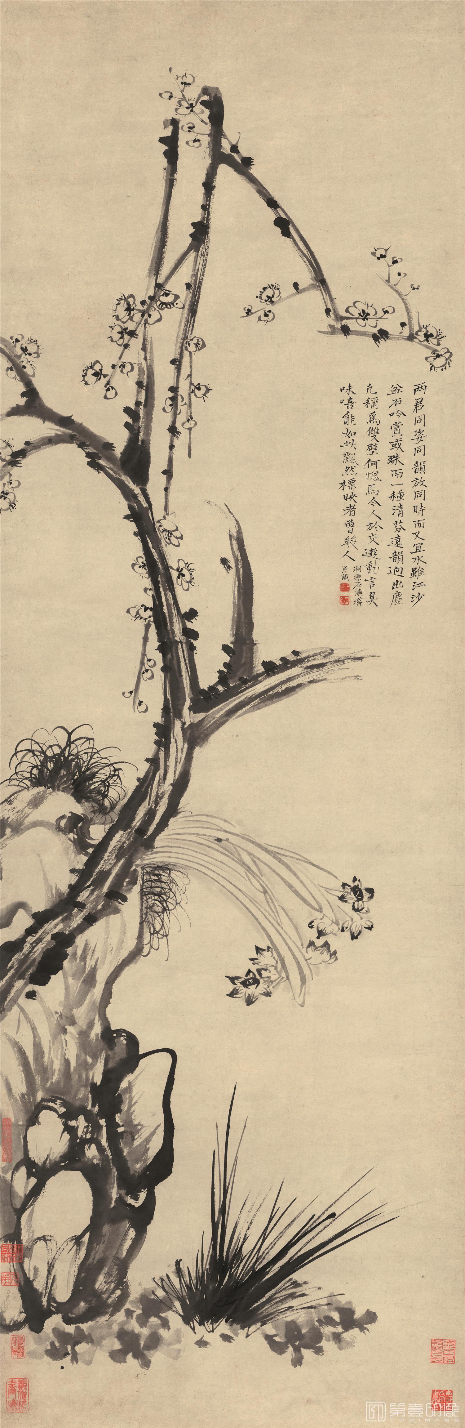 国画-梅石水仙图-48X150cm