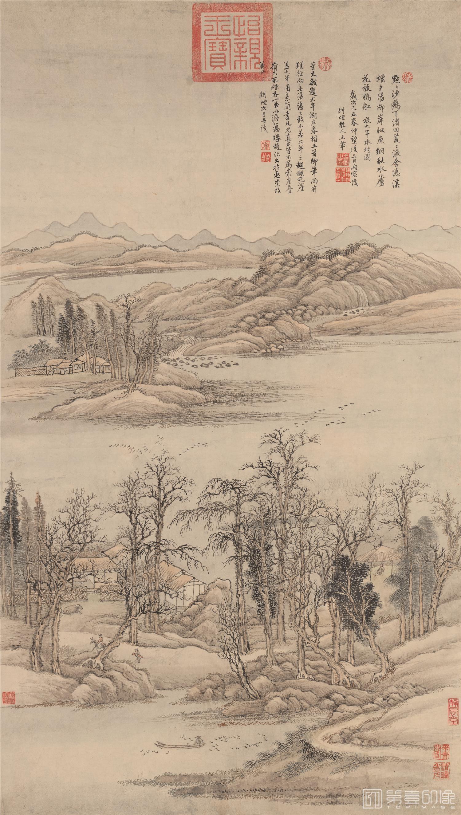 国画-仿大年水村图