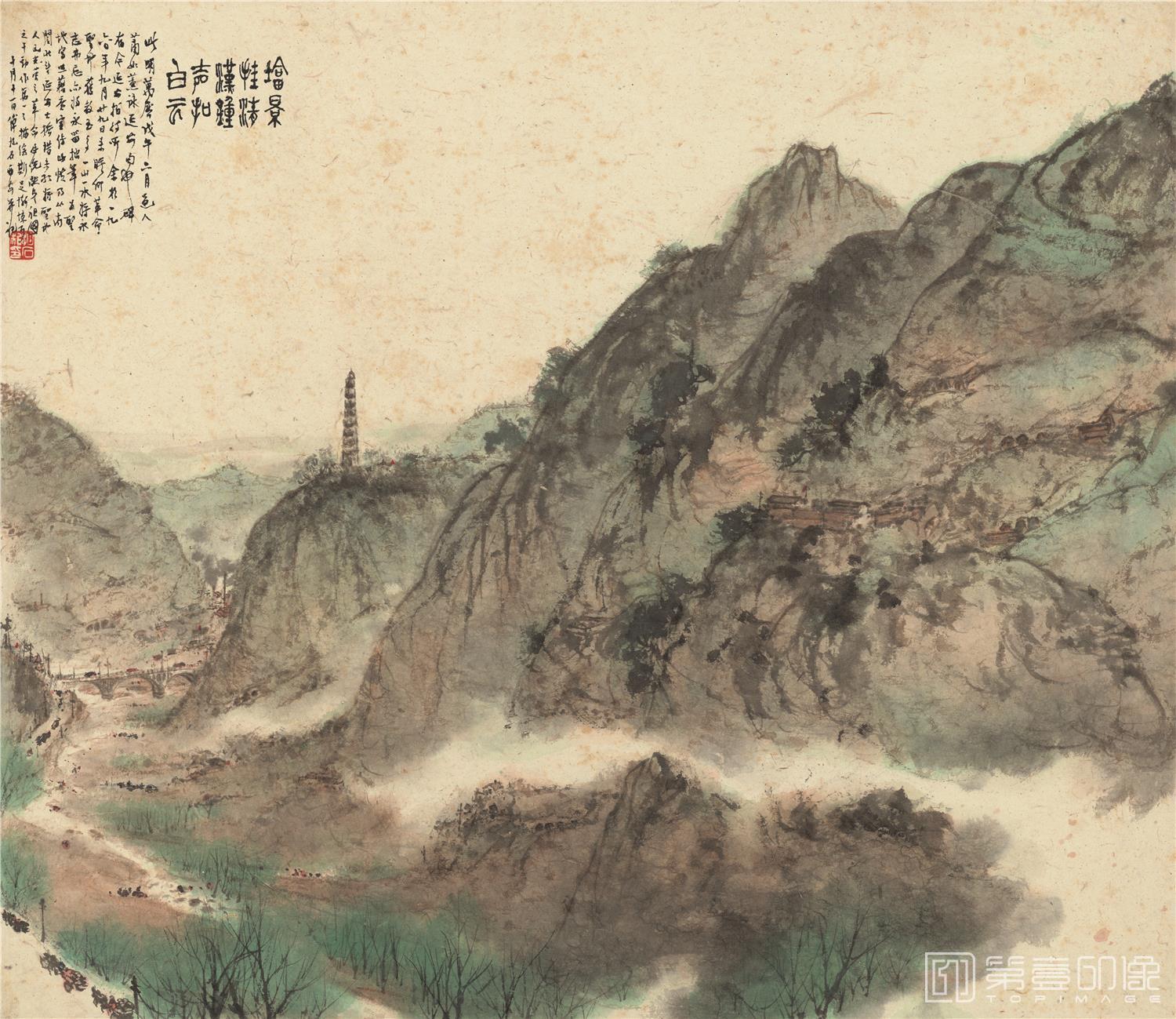 国画-塔影钟声-70.9X52.1cm