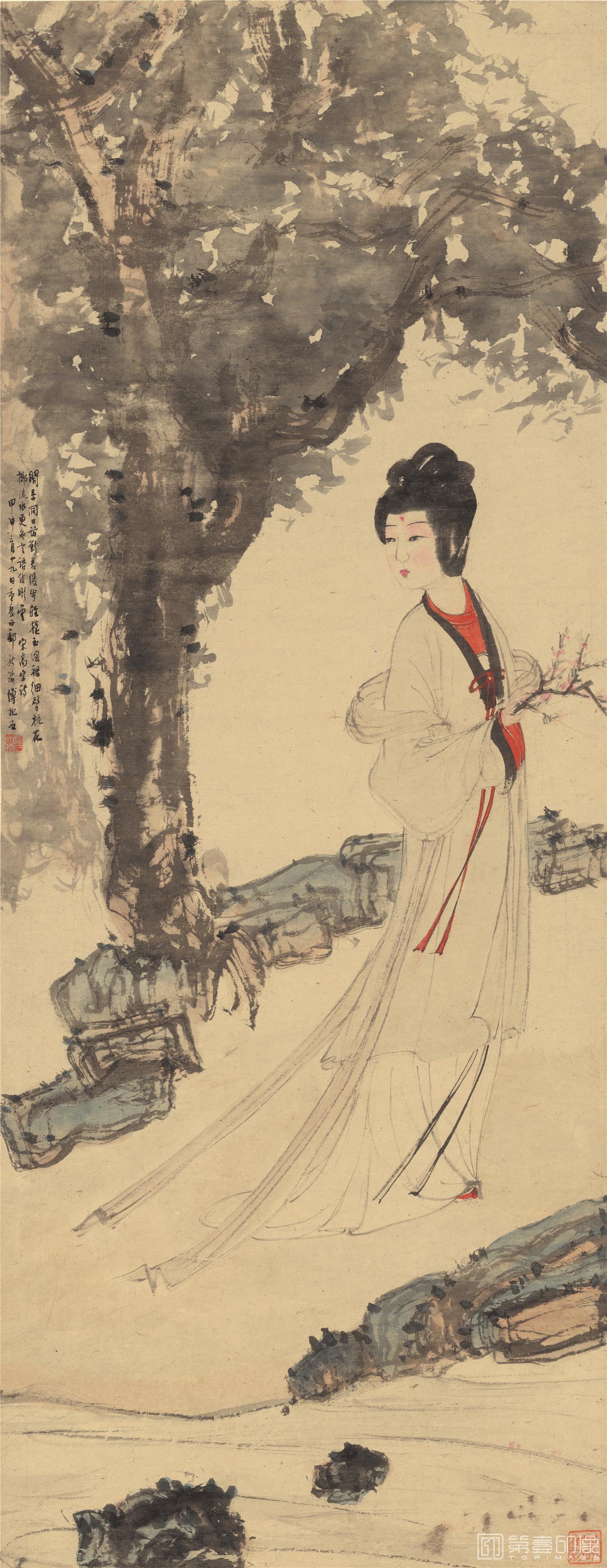 国画-细擎桃花掷流水-40X105cm