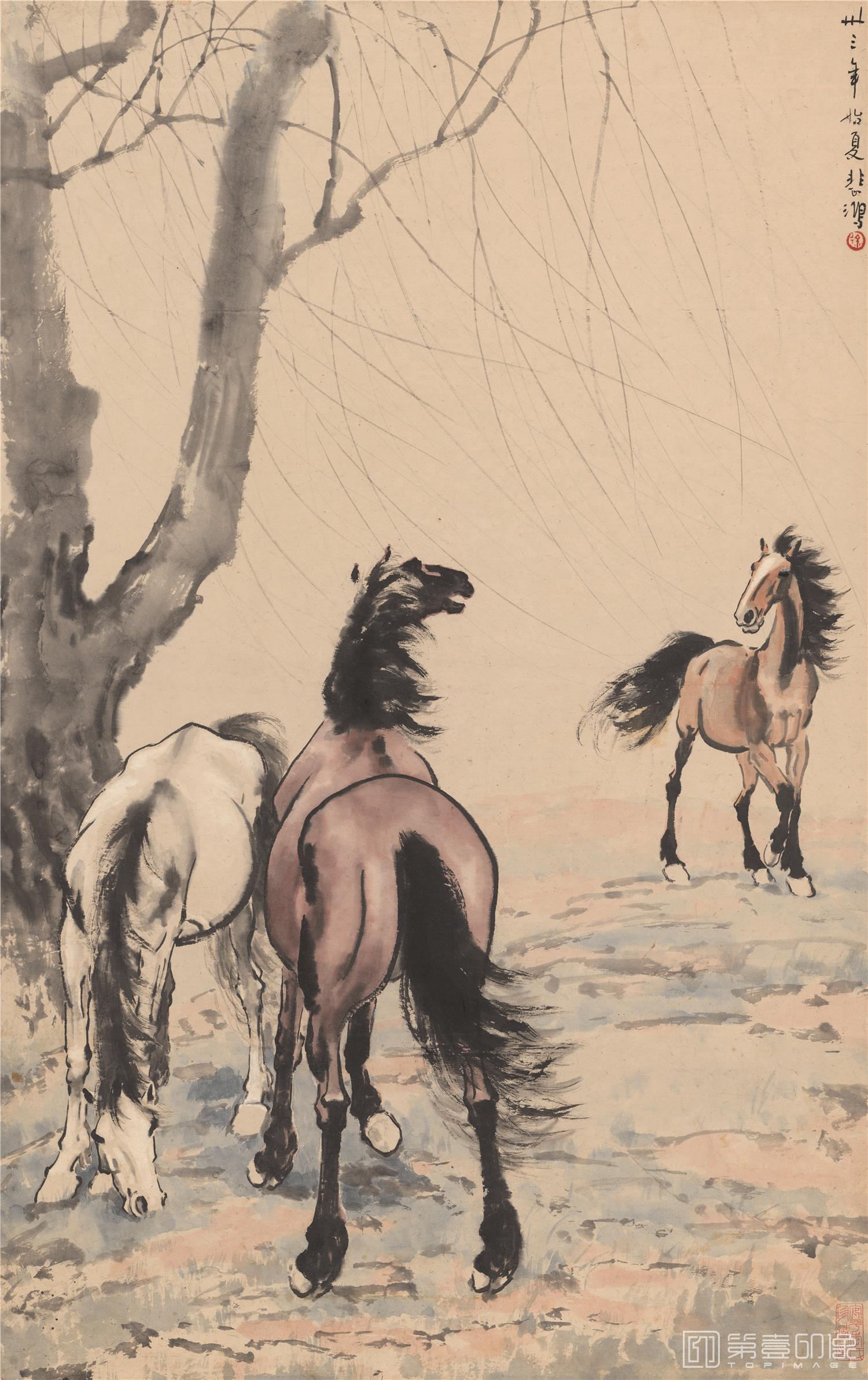国画-三骏图-62X98.4cm