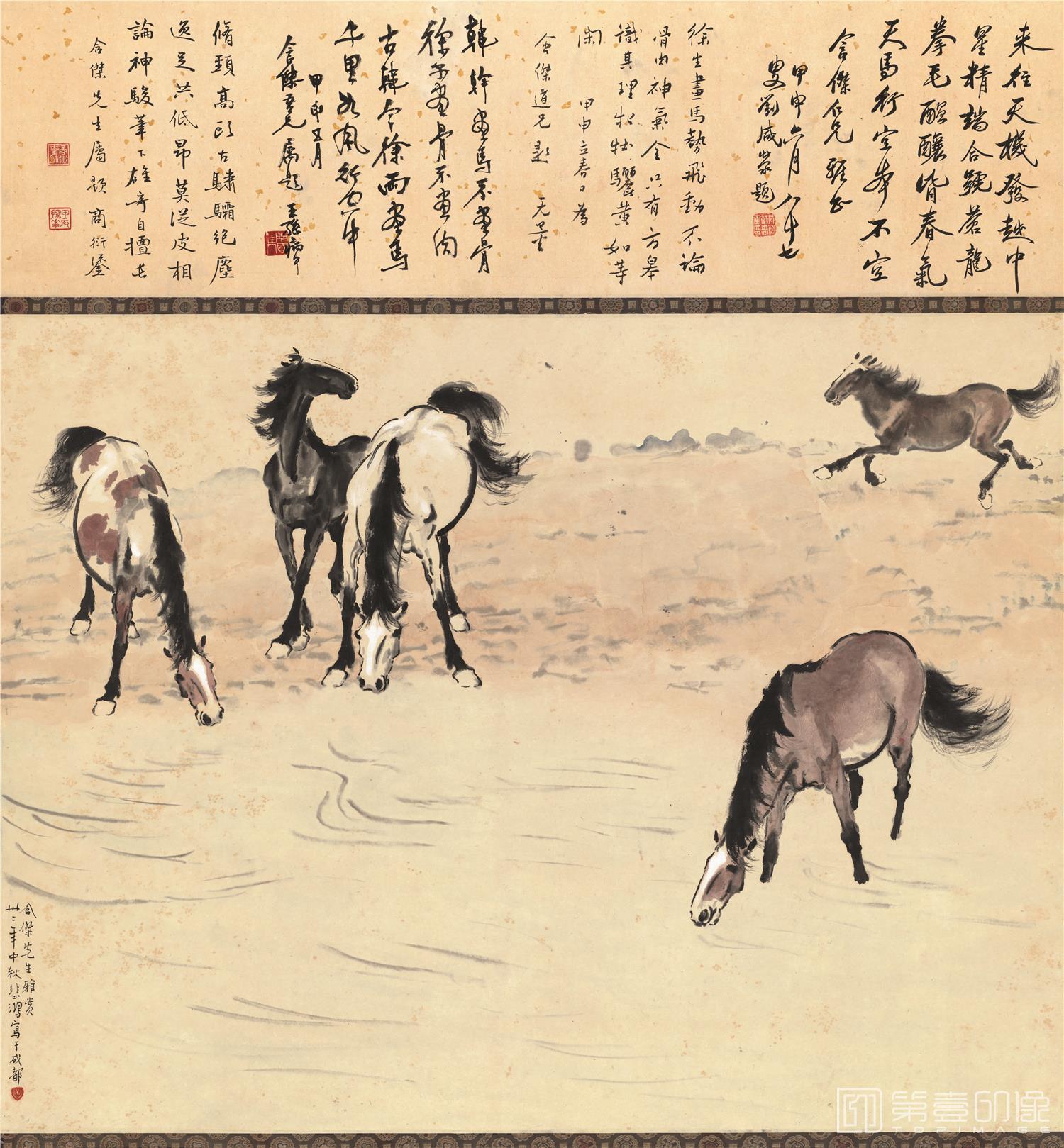 国画-五马图-96.3X100.6cm