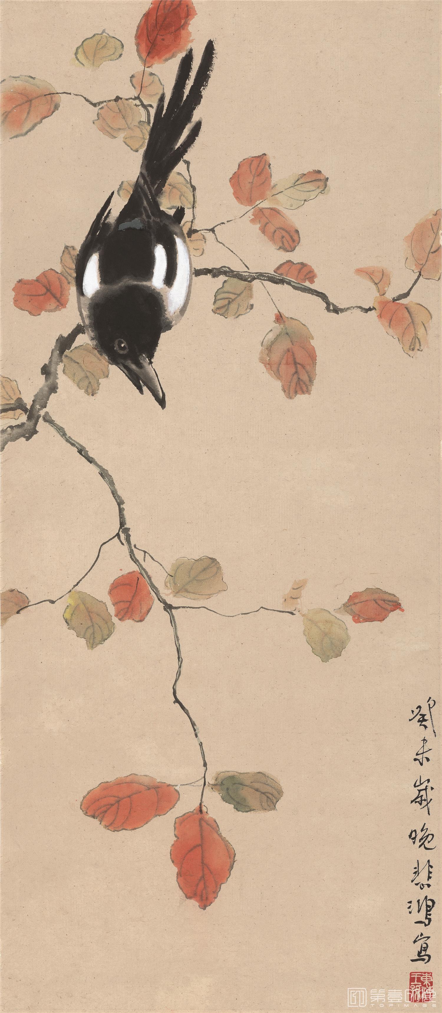 国画-晚秋喜鹊图-30.7x70