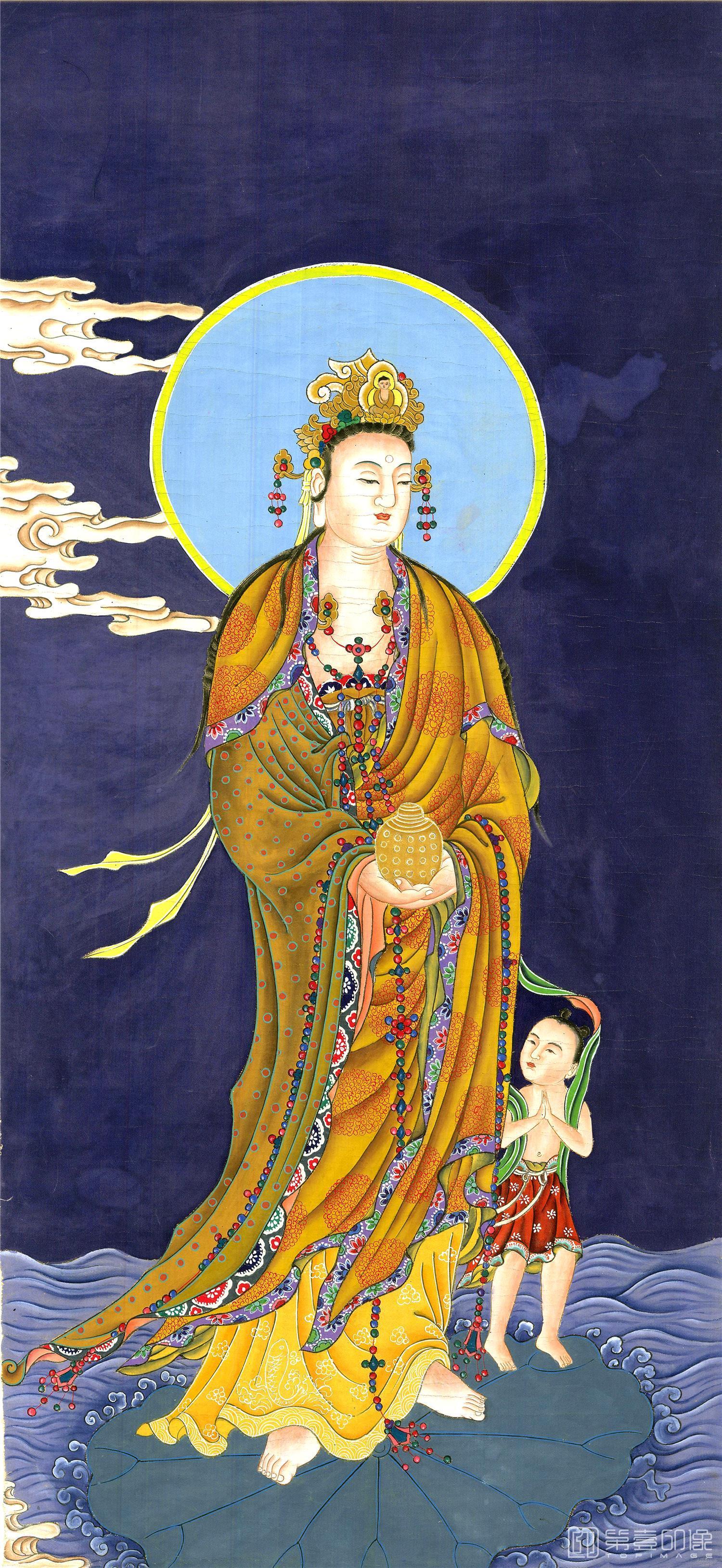 壁画-佛画 蓝底观音像立轴绢本43×93