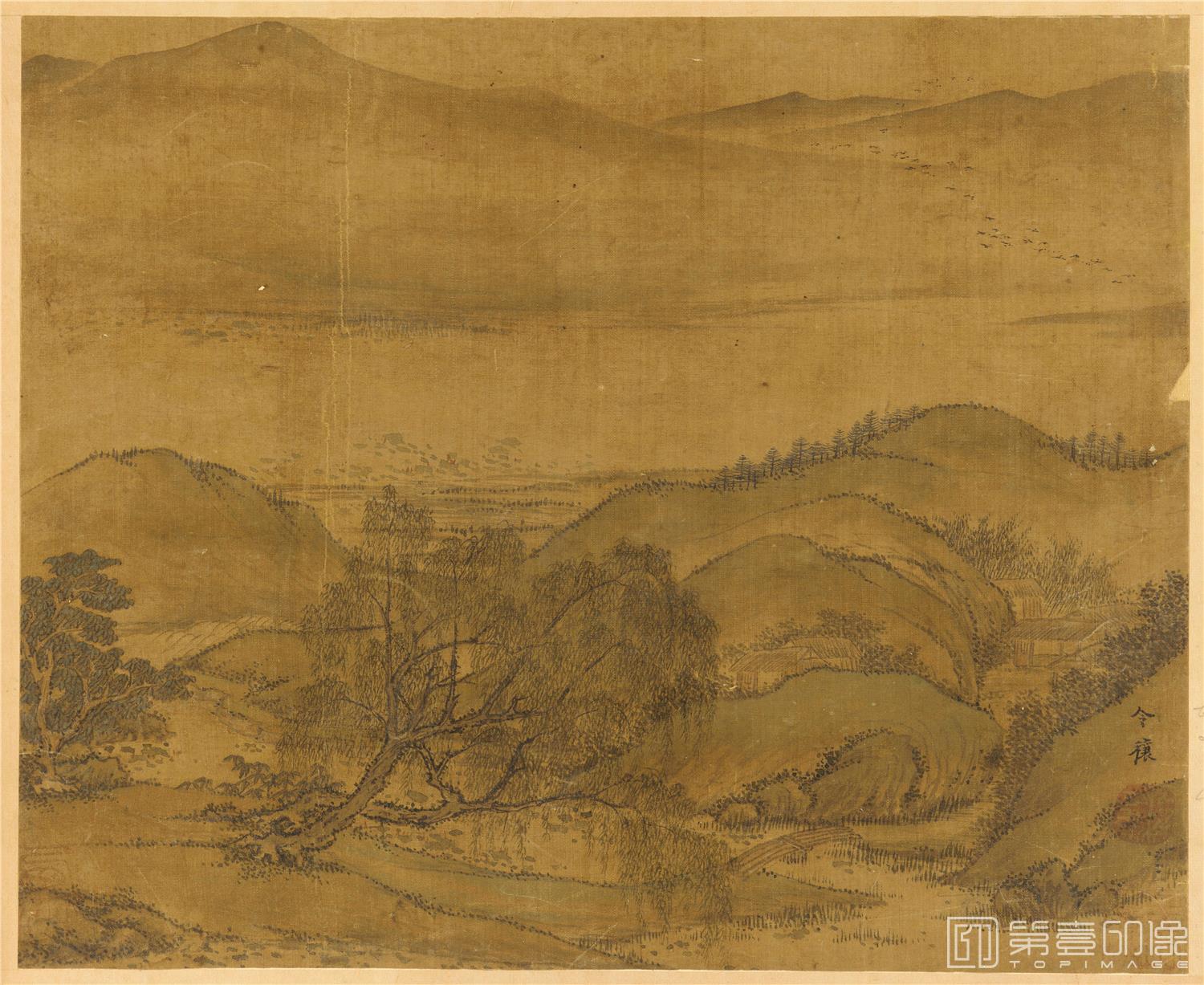 国画-秋池溪桥图页绢本279×34