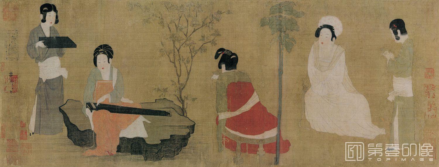 国画-仿周昉宫妓调琴图-75.3X28