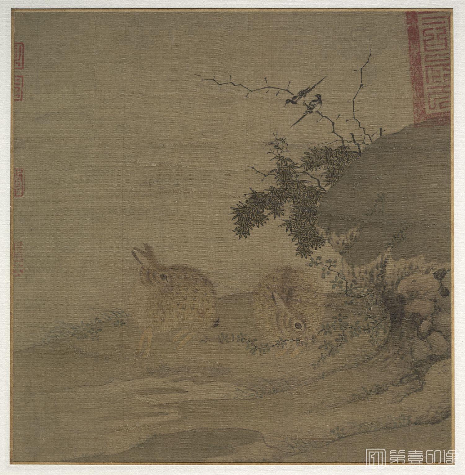 国画-喜鹊野兔图