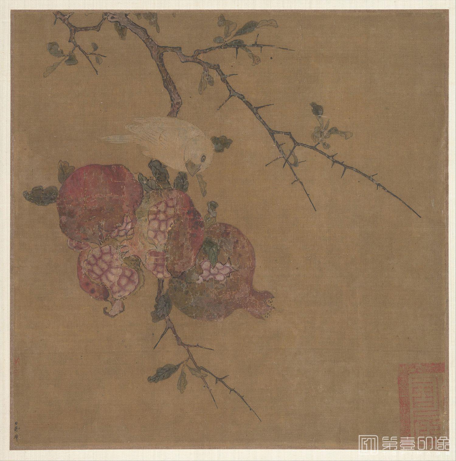 国画-石榴蜡嘴图-27.3x27.3