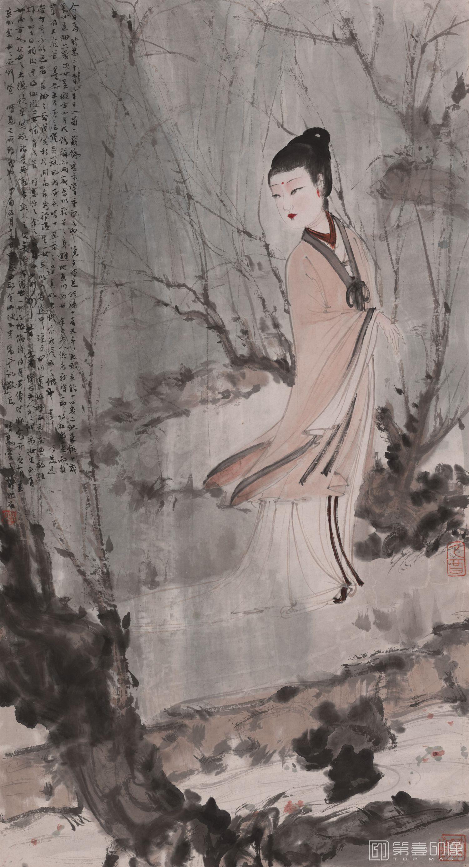 国画-柳荫仕女-40×74