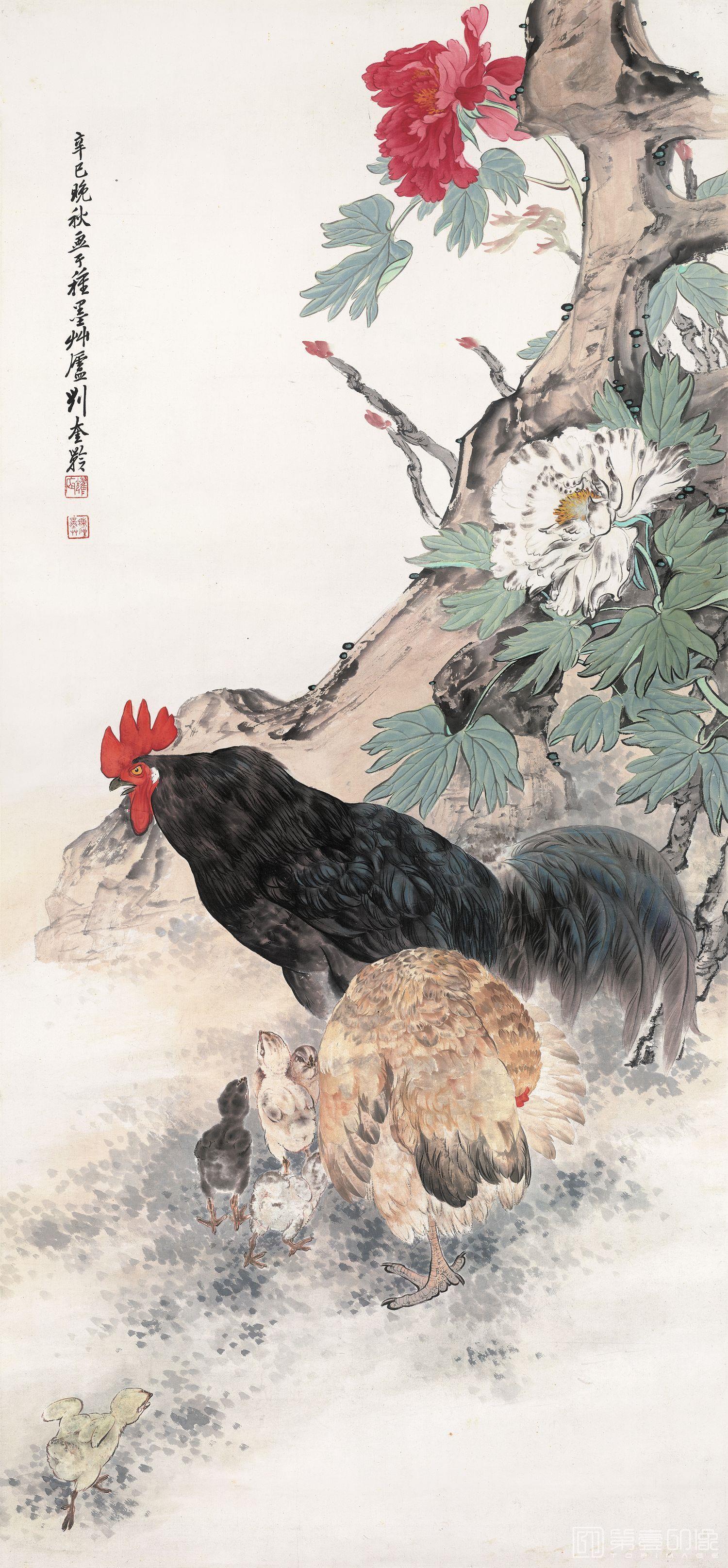 国画-鸡鸣富贵图-121.4X52