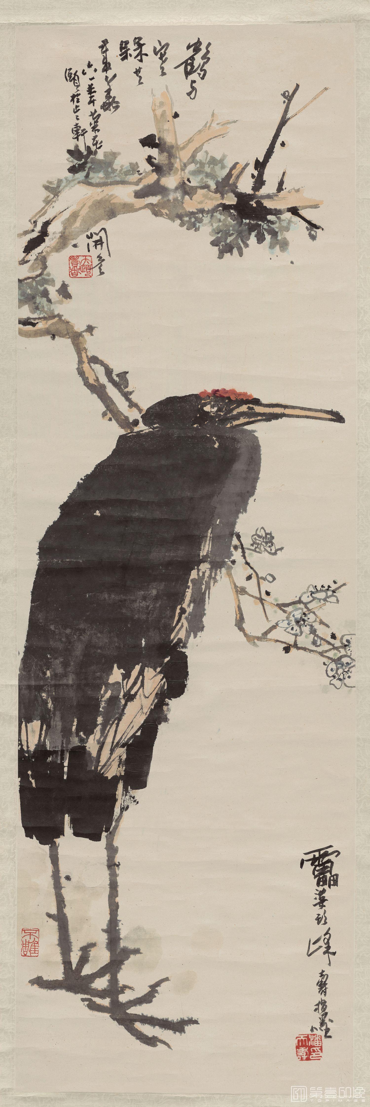 国画-鹤与寒梅共岁华-146×50