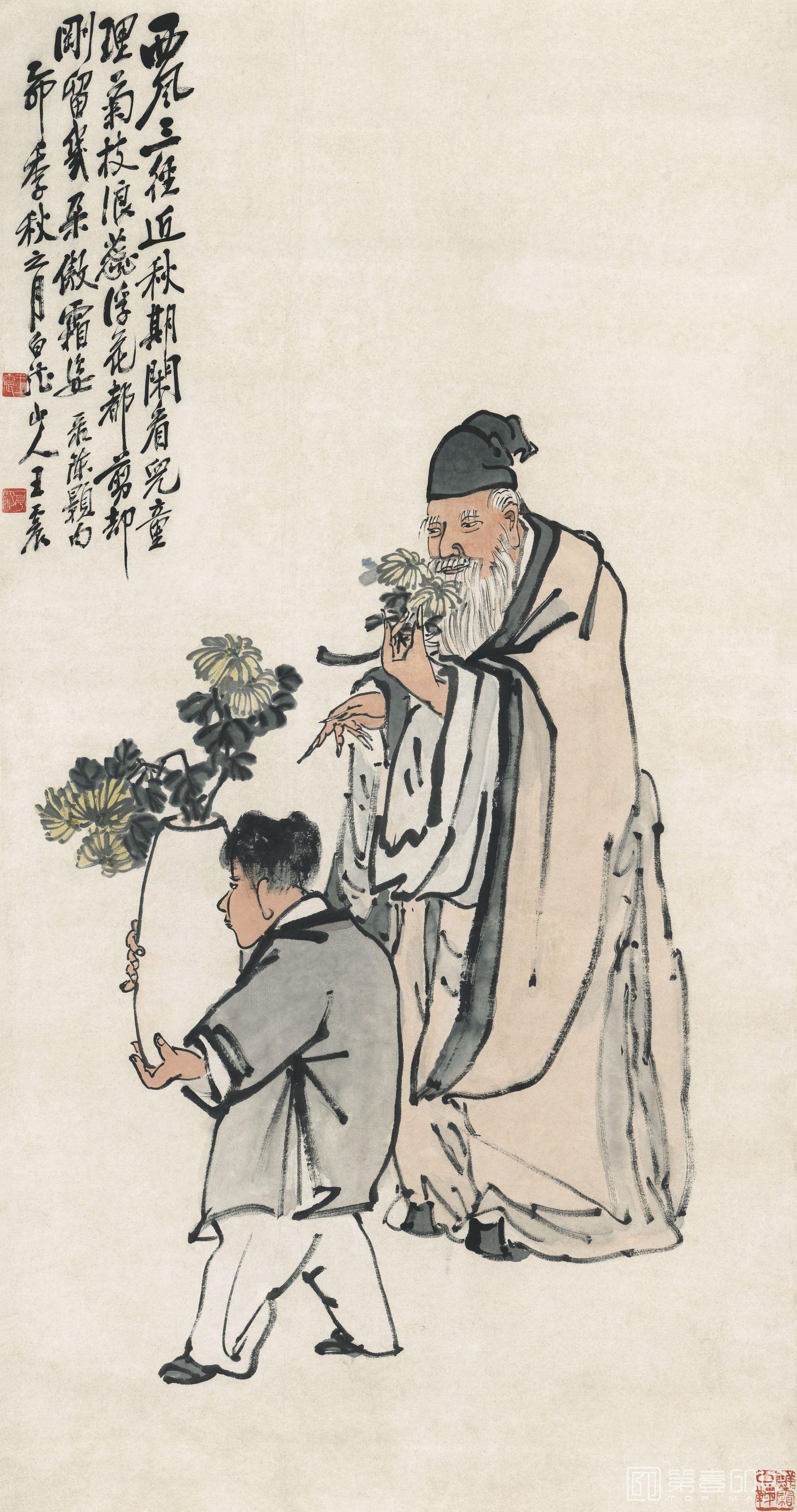 国画-菊花人物轴-79x151