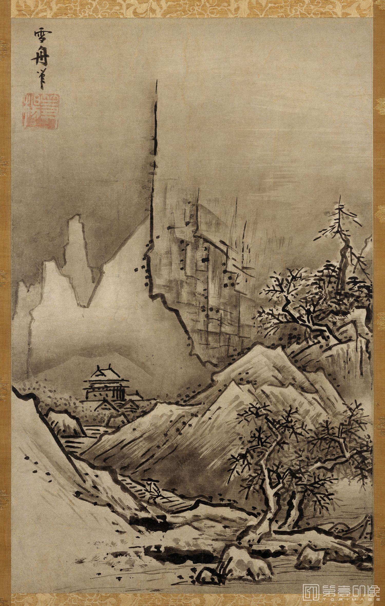 国画-日本室町时代-雪舟 (日本画家)-秋冬山水图一 (冬景)-46.4X29.4