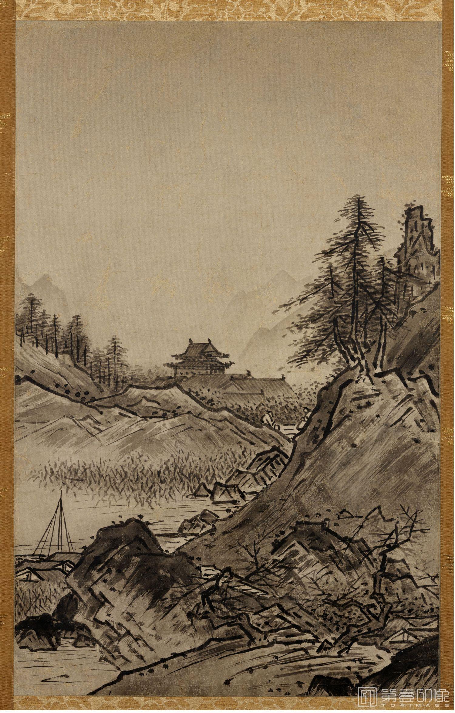 国画-日本室町时代-雪舟 (日本画家)-秋冬山水图二 (秋景)-46.4X29.4