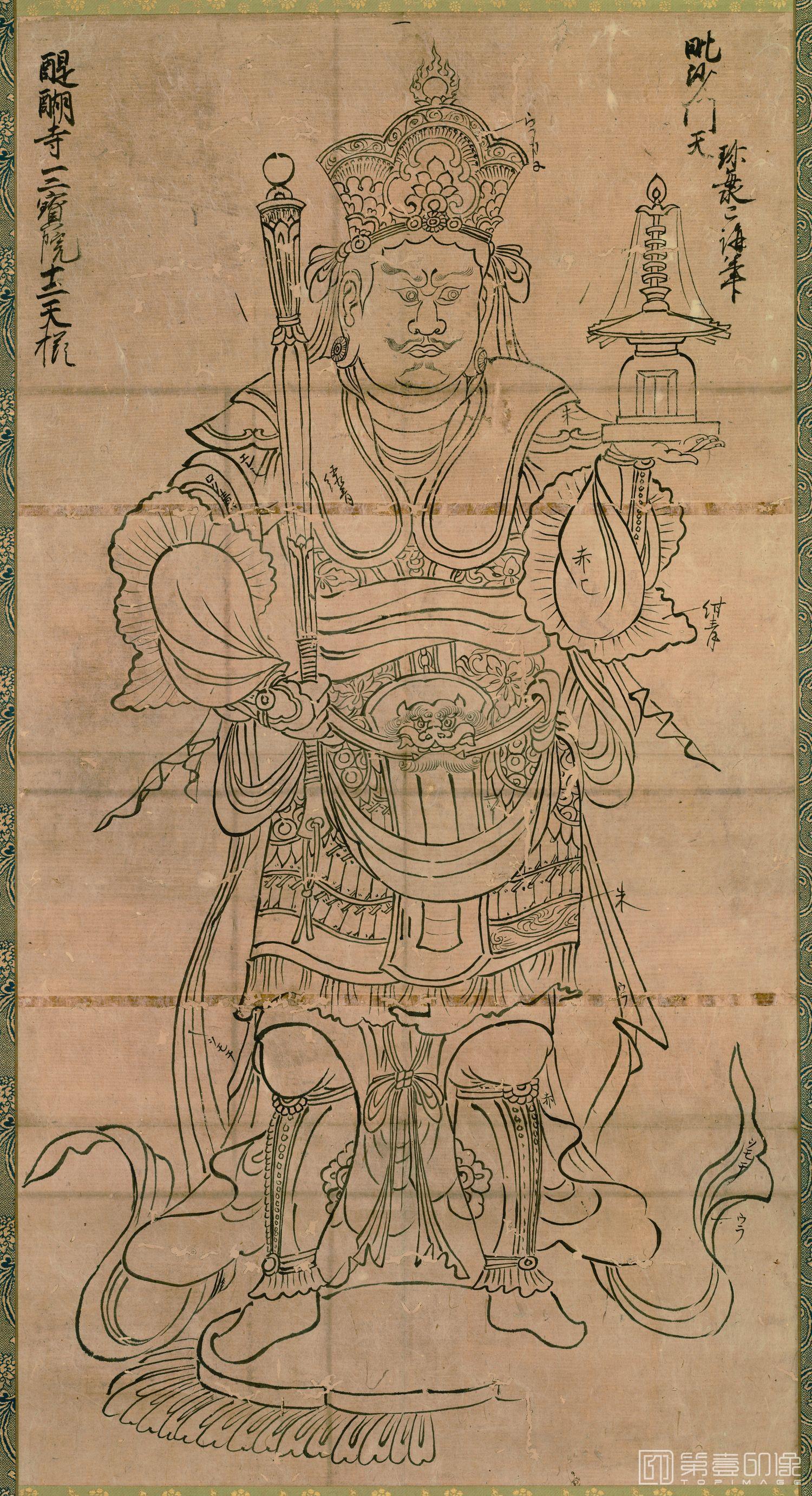 国画-白描十二天图像 毗沙门天纸本 (珍海本-东京)-86.9×45.7