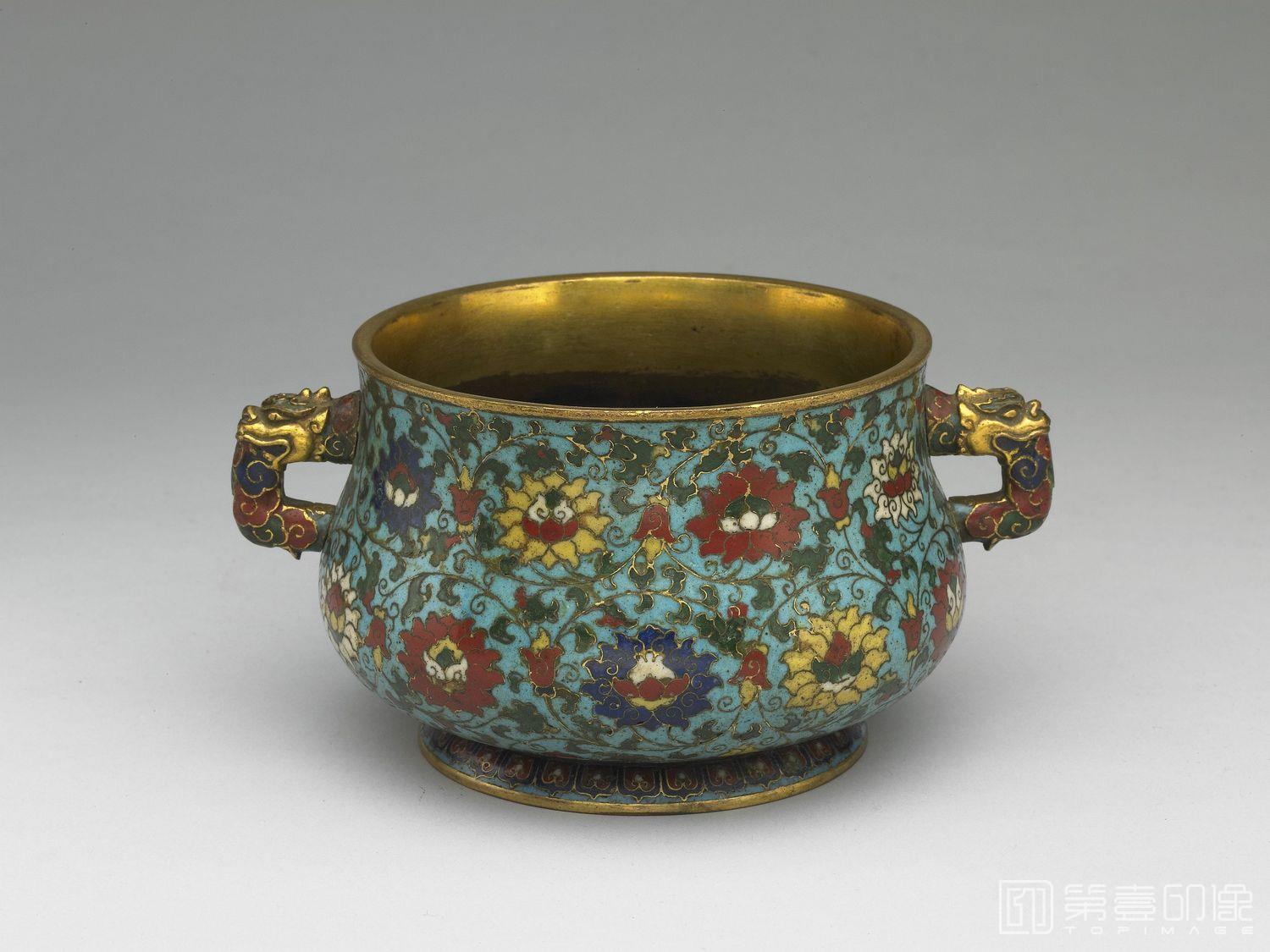 摄影-掐丝珐琅番莲纹龙耳炉-高8.5 口径11.3cm