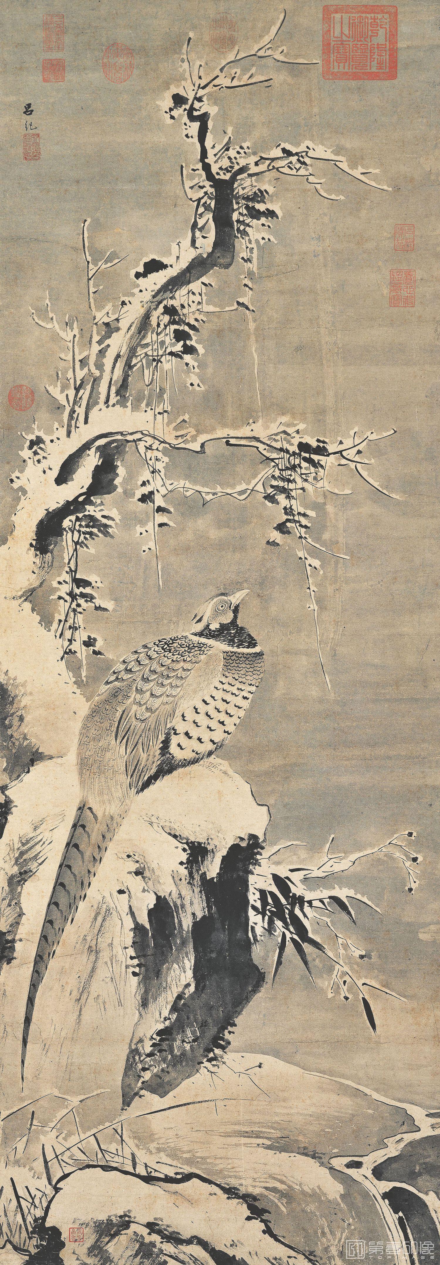 国画-寒雪山鸡图轴-135.3x47
