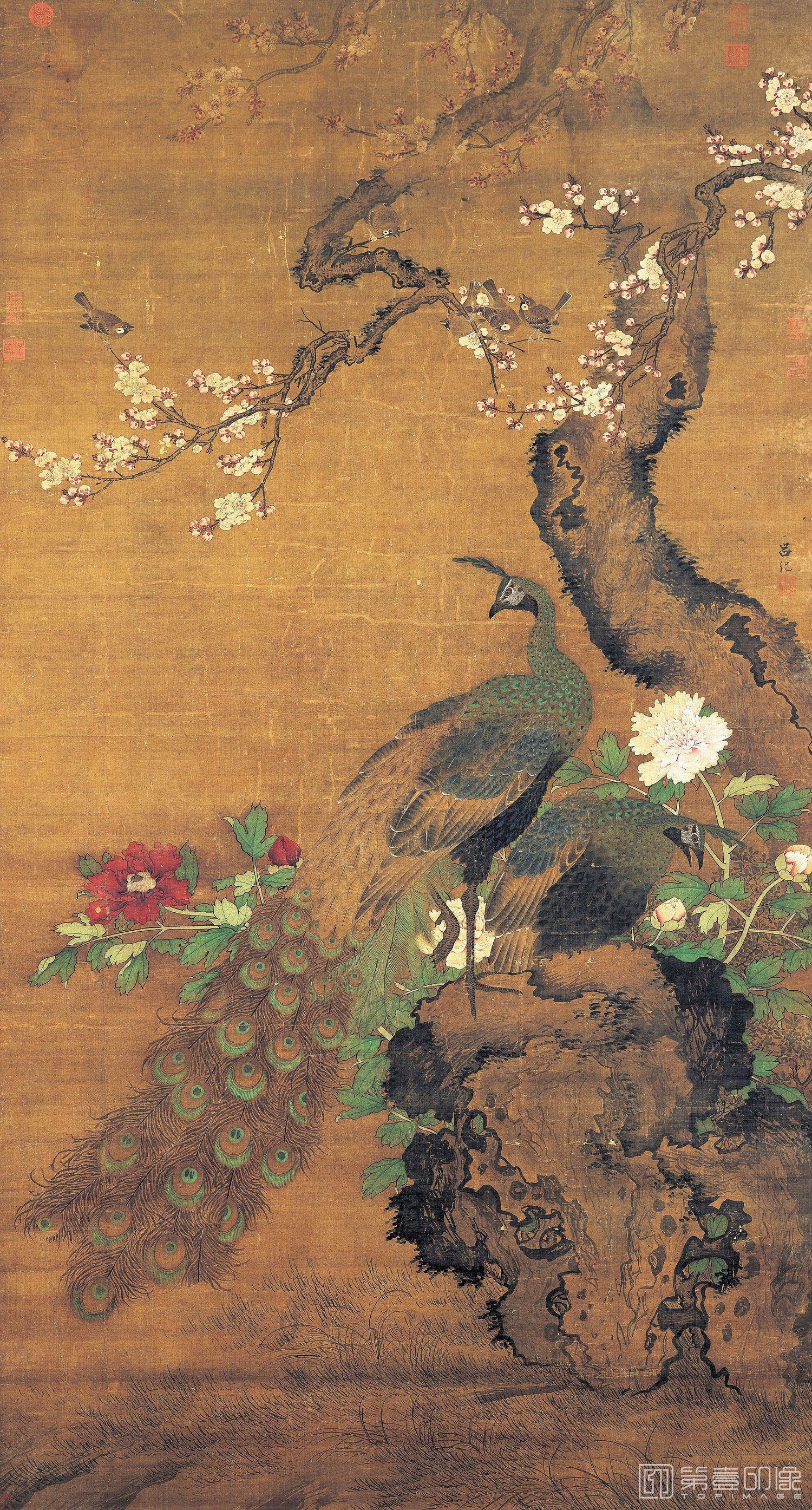 国画-杏花孔雀图-85x45