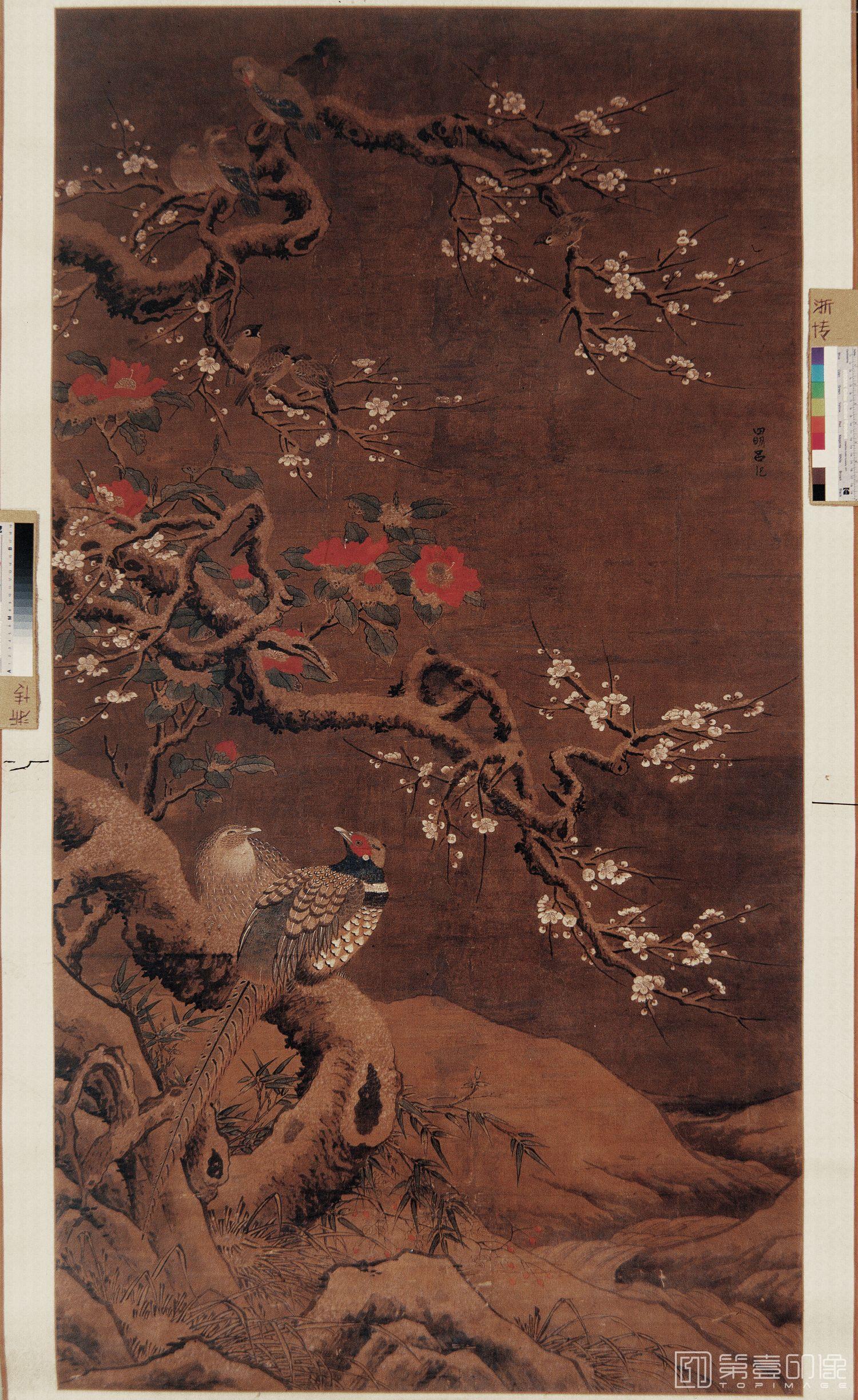 国画-梅茶雉雀图-97.8X183.1