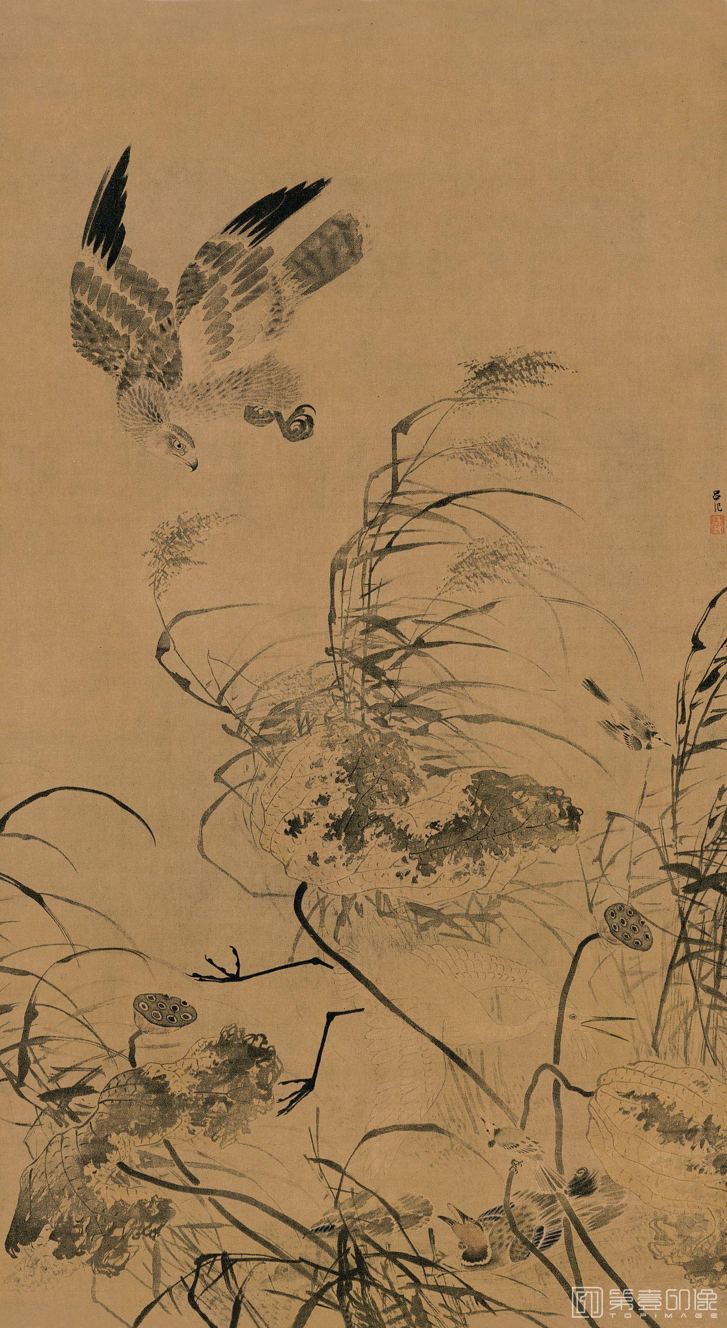 国画-残荷鹰鹭图-190x105.2