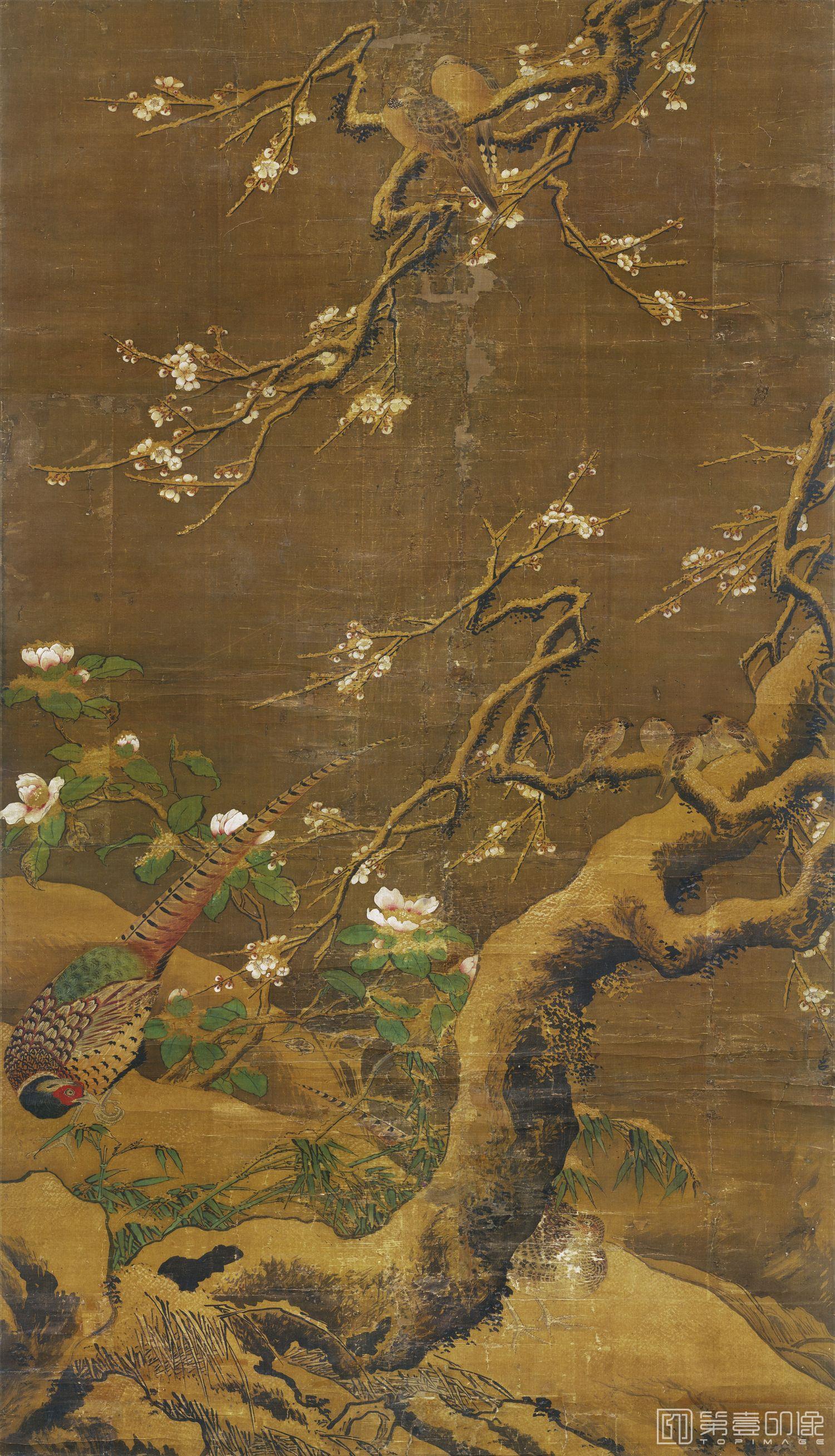 国画-雪梅集禽图立轴-91x52