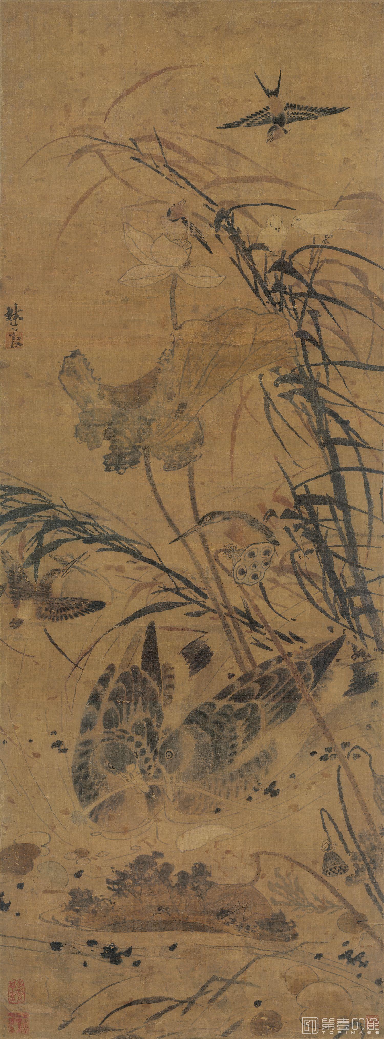 国画-荷塘聚禽图立轴HD-56.5×152.7