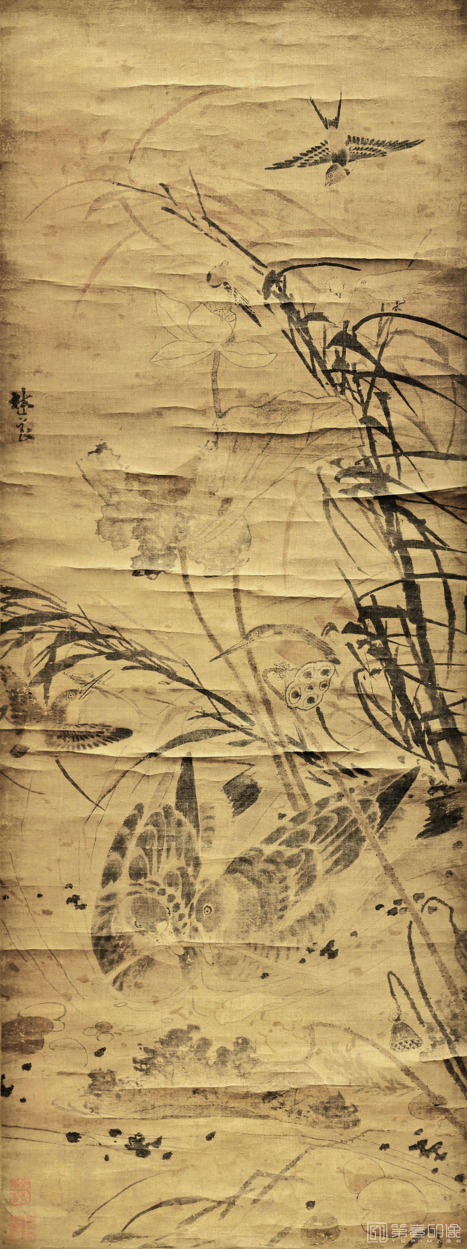 国画-荷塘集禽图轴