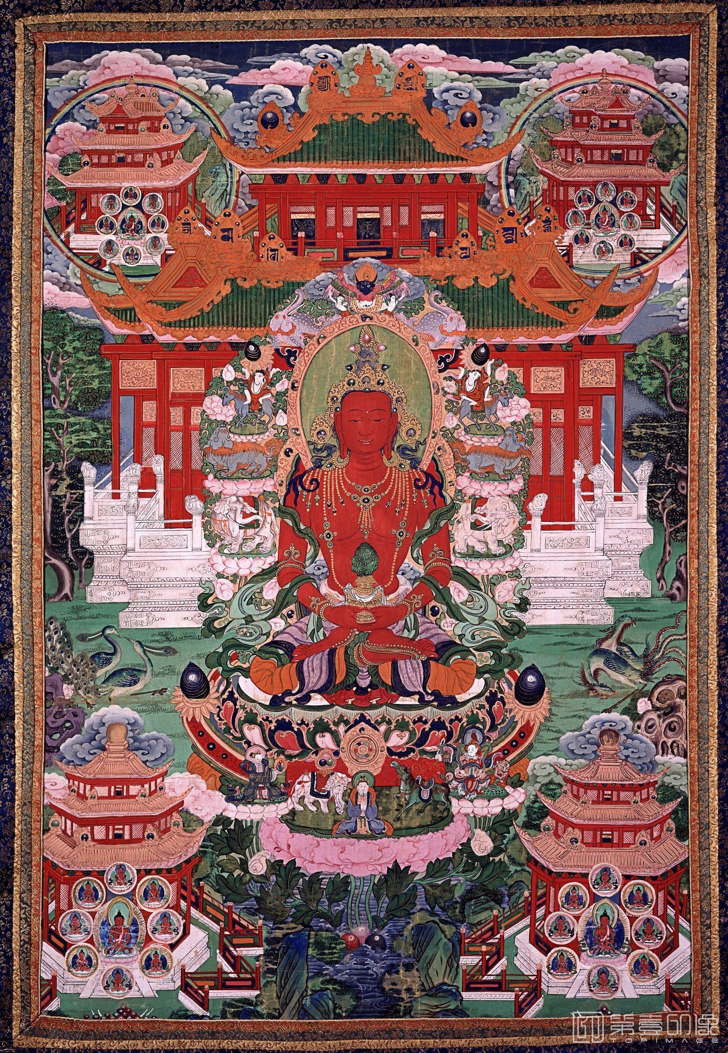 壁画-未知年代-西藏唐卡-无量寿佛净土像-74x107