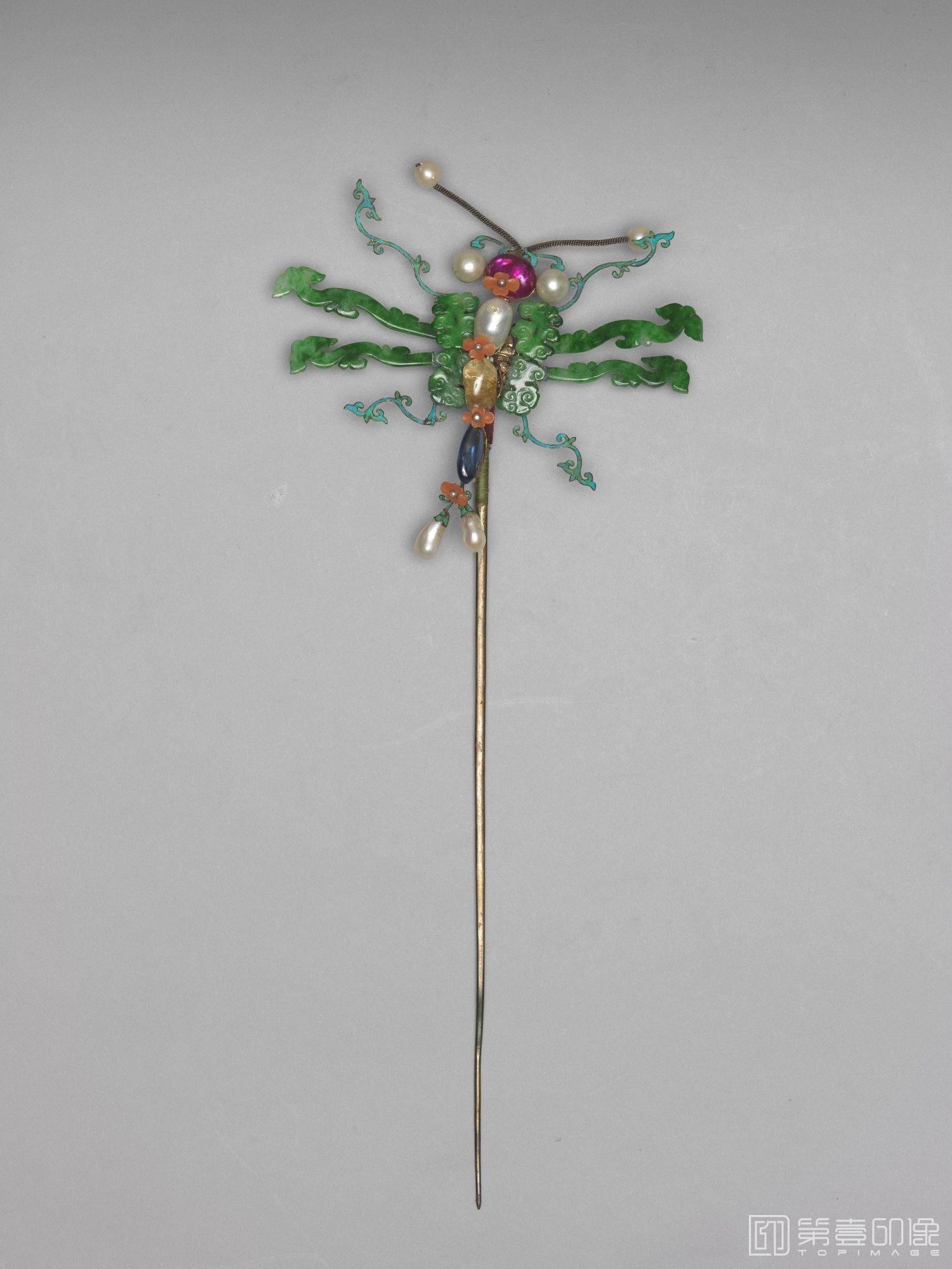 摄影-清-公元1644-1911年 清 银镀金嵌翠玉珠宝蜻蜓簪-长32.5cm 宽13.2cm