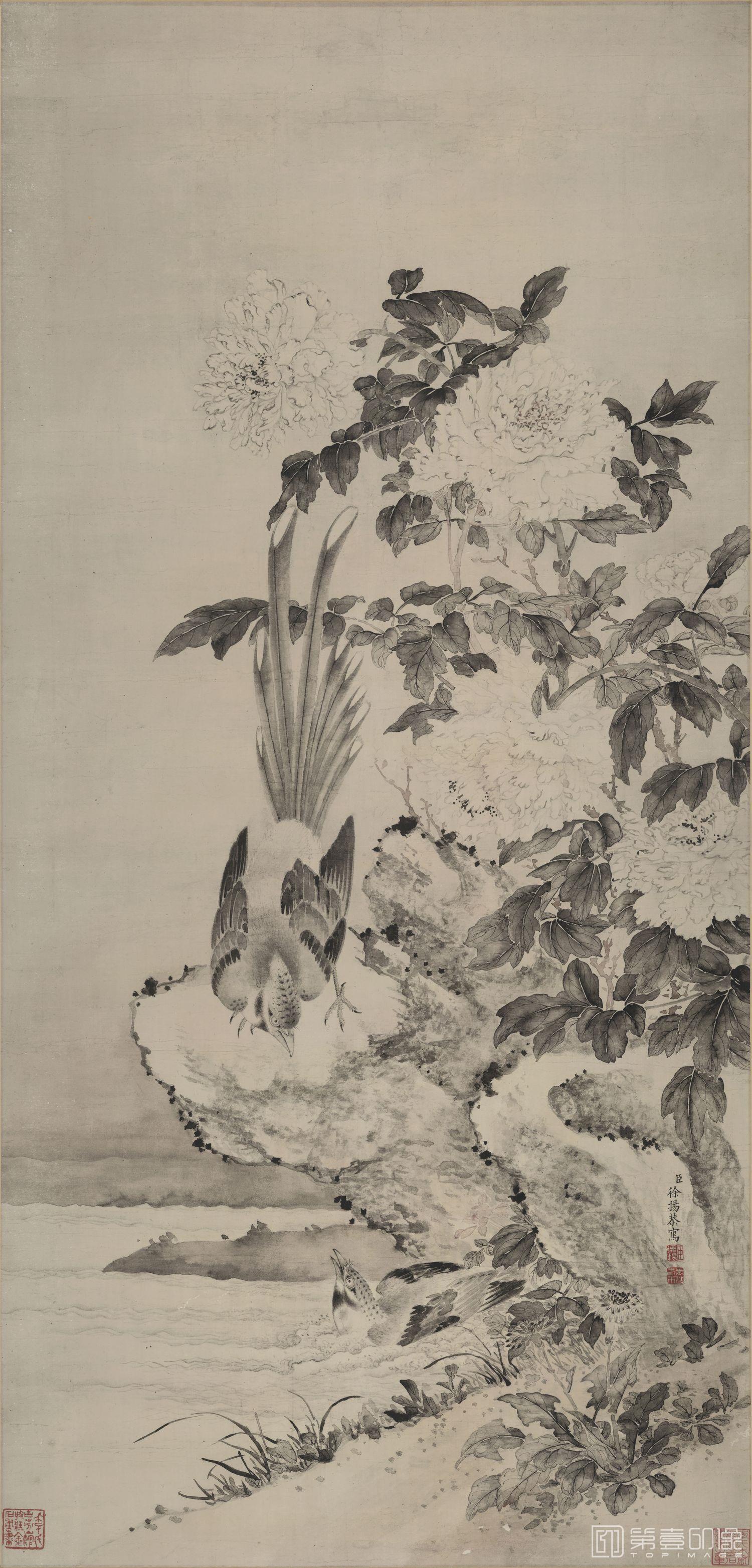 国画-牡丹山鹧图轴 (牡丹双鹤)-117x55.8