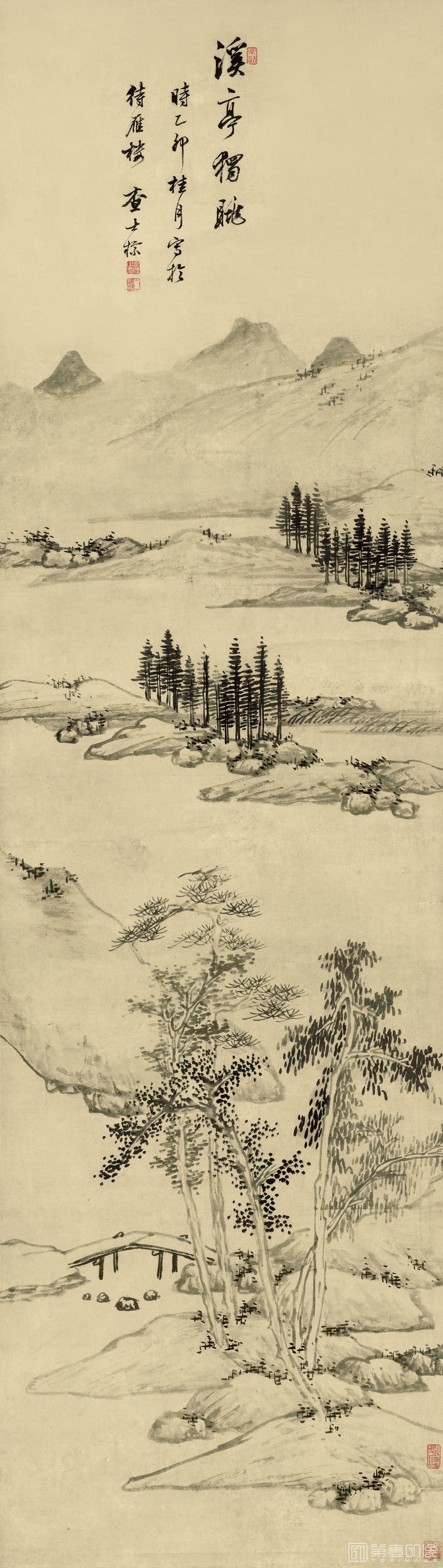 国画-溪亭独眺图-141×40
