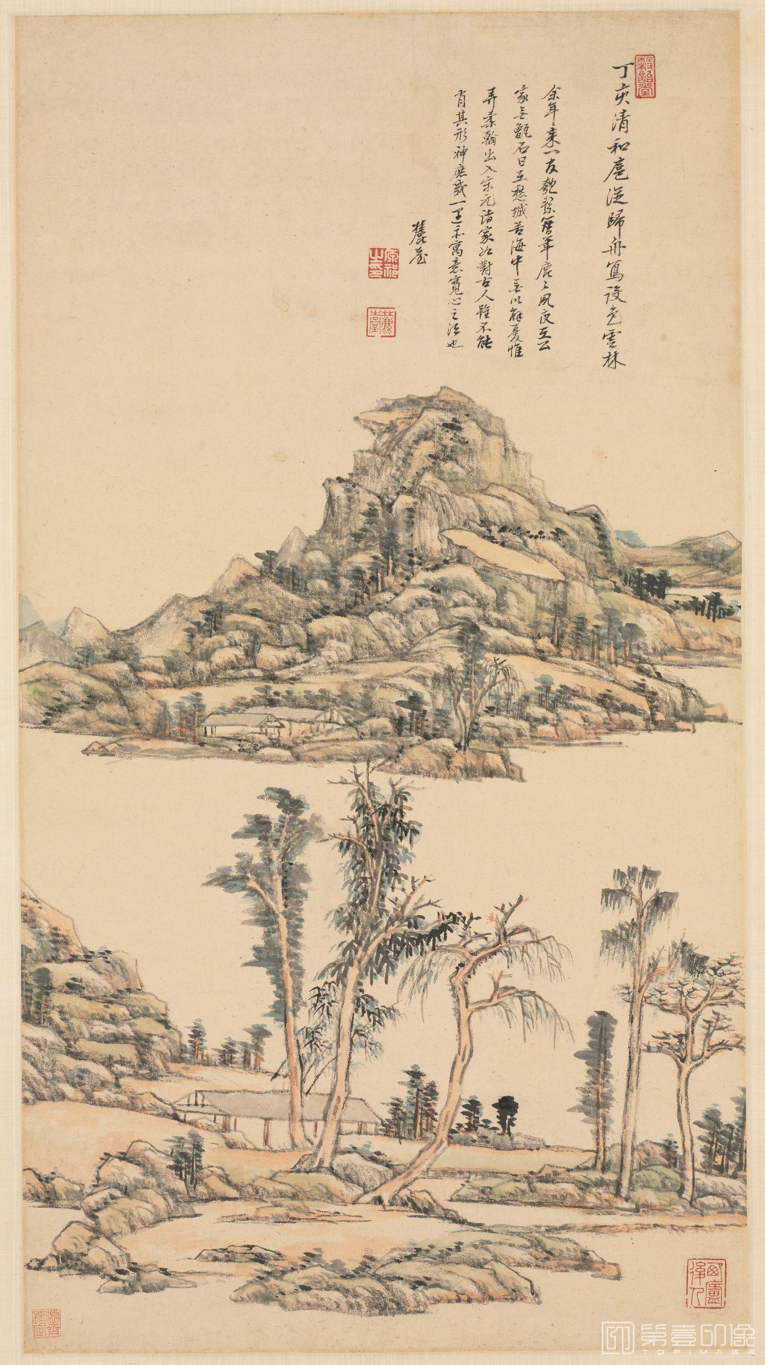 国画-仿倪瓒设色山水图-1954.583