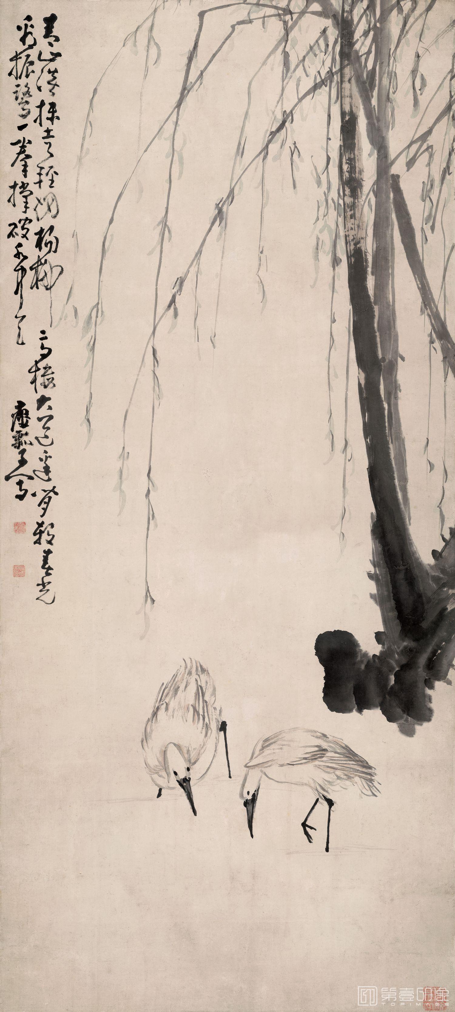 国画-柳塘双鹭-62.9x139